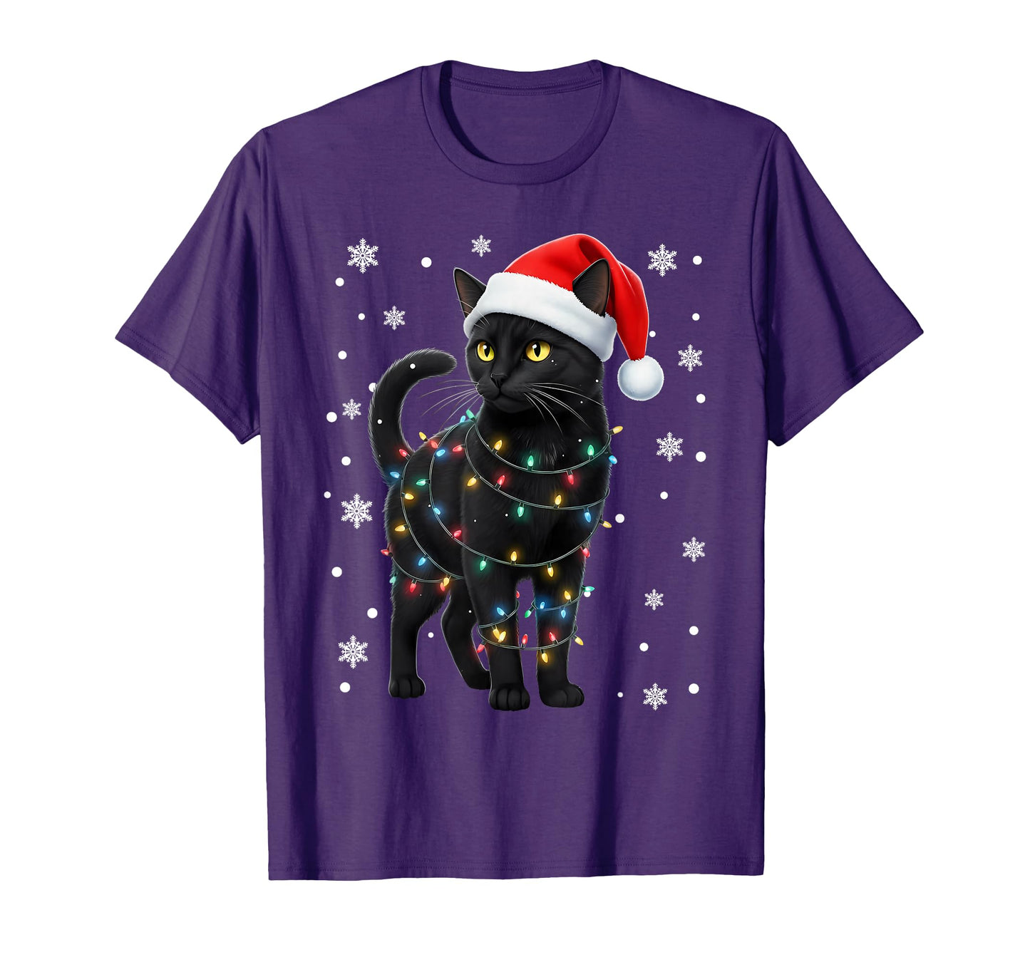 Black Cat Christmas Lights Santa Hat Holiday T-Shirt
