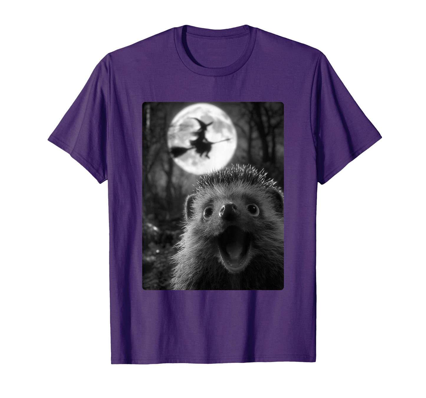 Funny Hedgehog Selfie with Full Moon Flying Witch Halloween T-Shirt