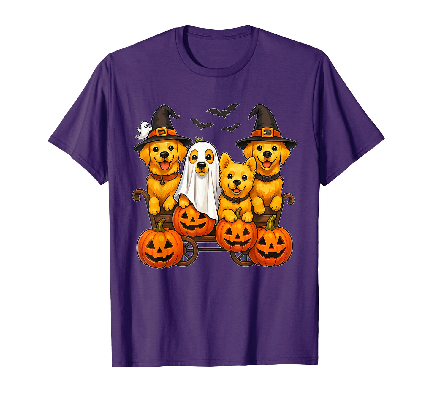 Halloween Retriever Dogs Ghost Witch Pumpkins Wooden Wagon T-Shirt