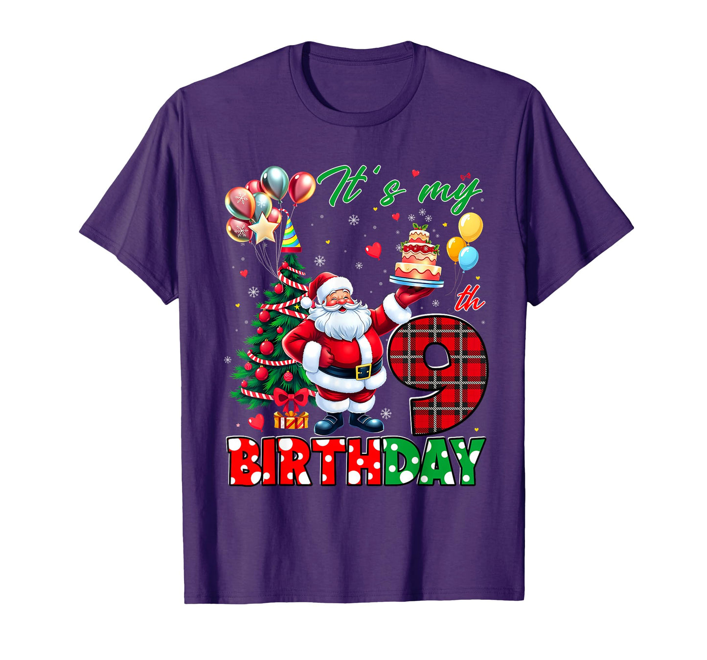 Kids It's My 9th Birthday Cute Santa Christmas 9 Years Old T-Shirt