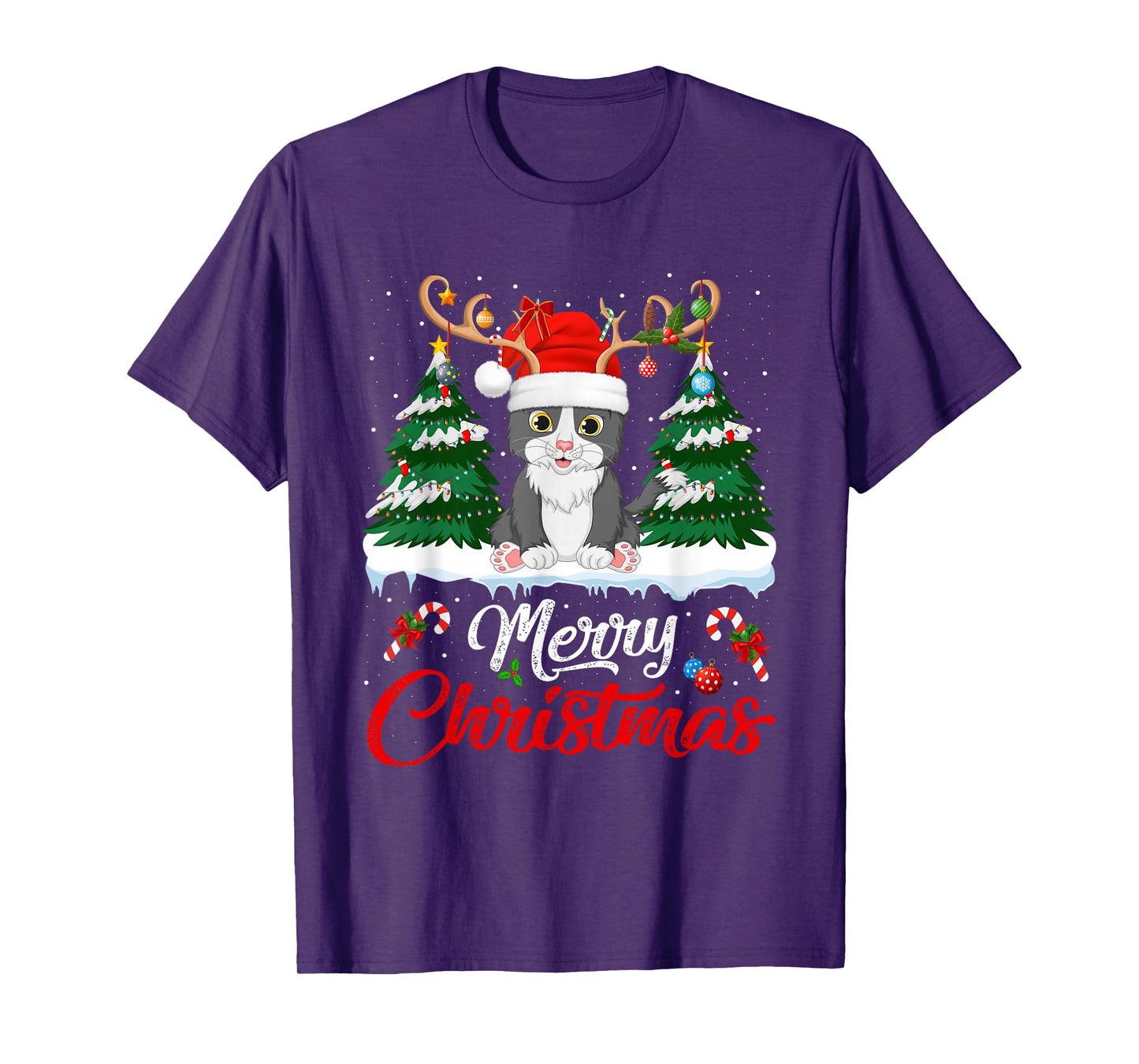 Cat Christmas Tree Lights Reindeer Santa Hat Funny Cat Xmas T-Shirt