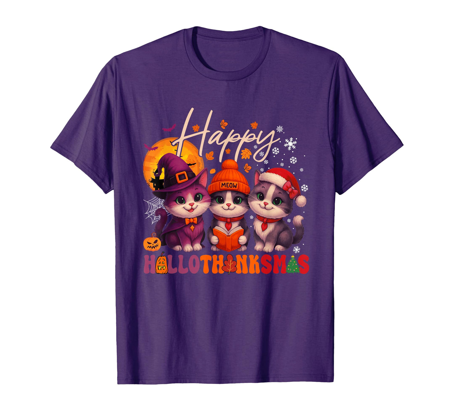 Happy HalloThanksMas Cats Halloween Thanksgiving Christmas T-Shirt