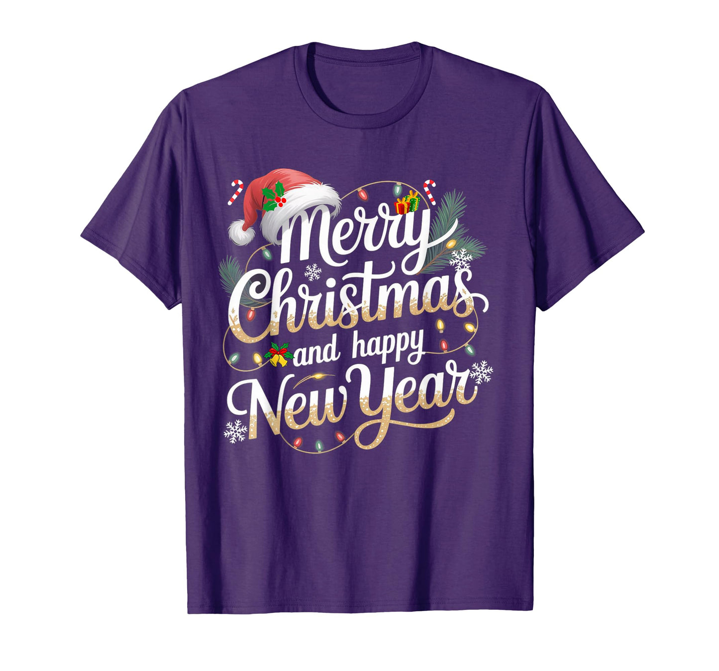 Merry Christmas Lights Red Santa Hat and Happy New Year T-Shirt