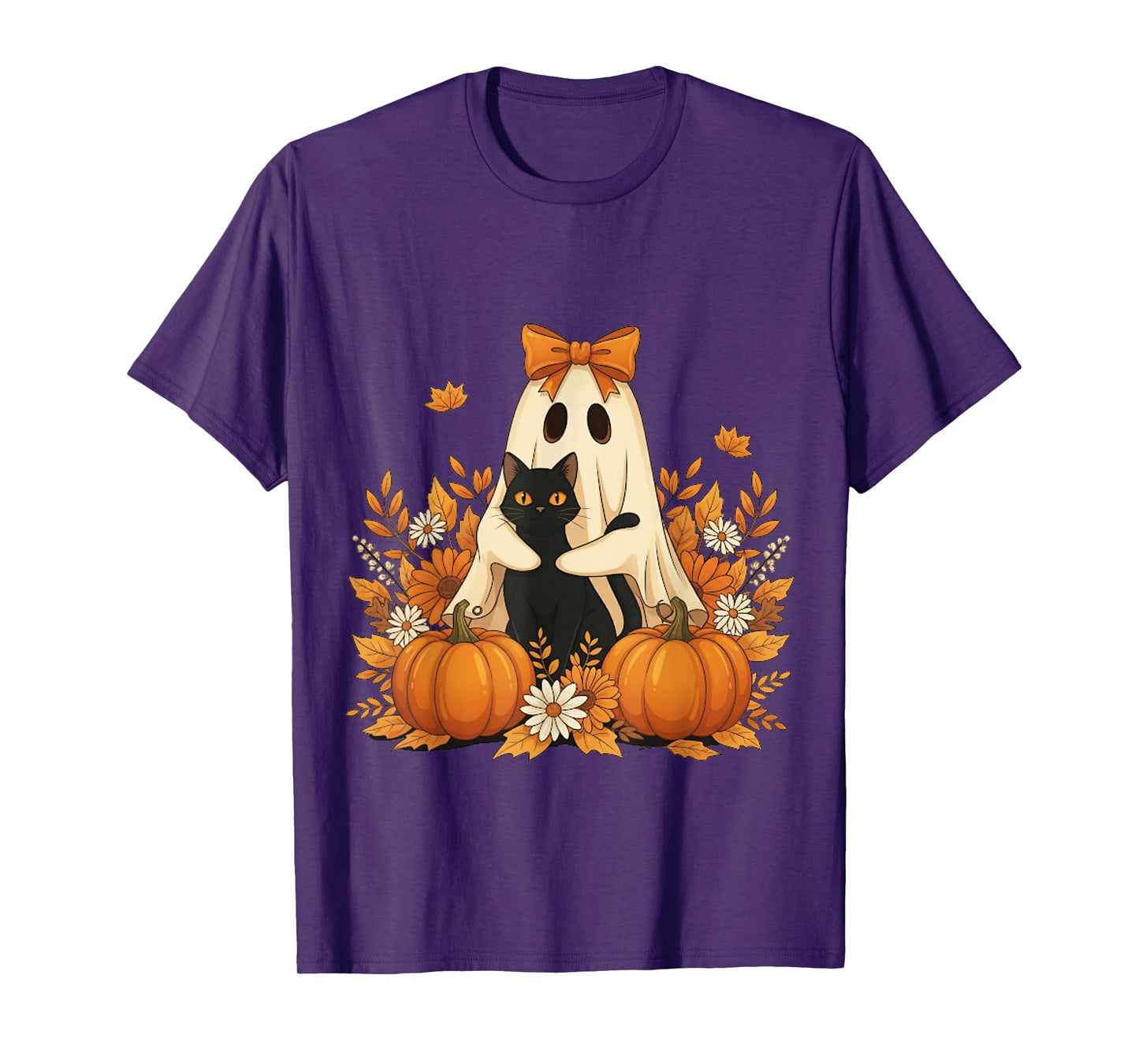 Vintage Halloween Ghost Holding Black Cat Groovy Floral T-Shirt