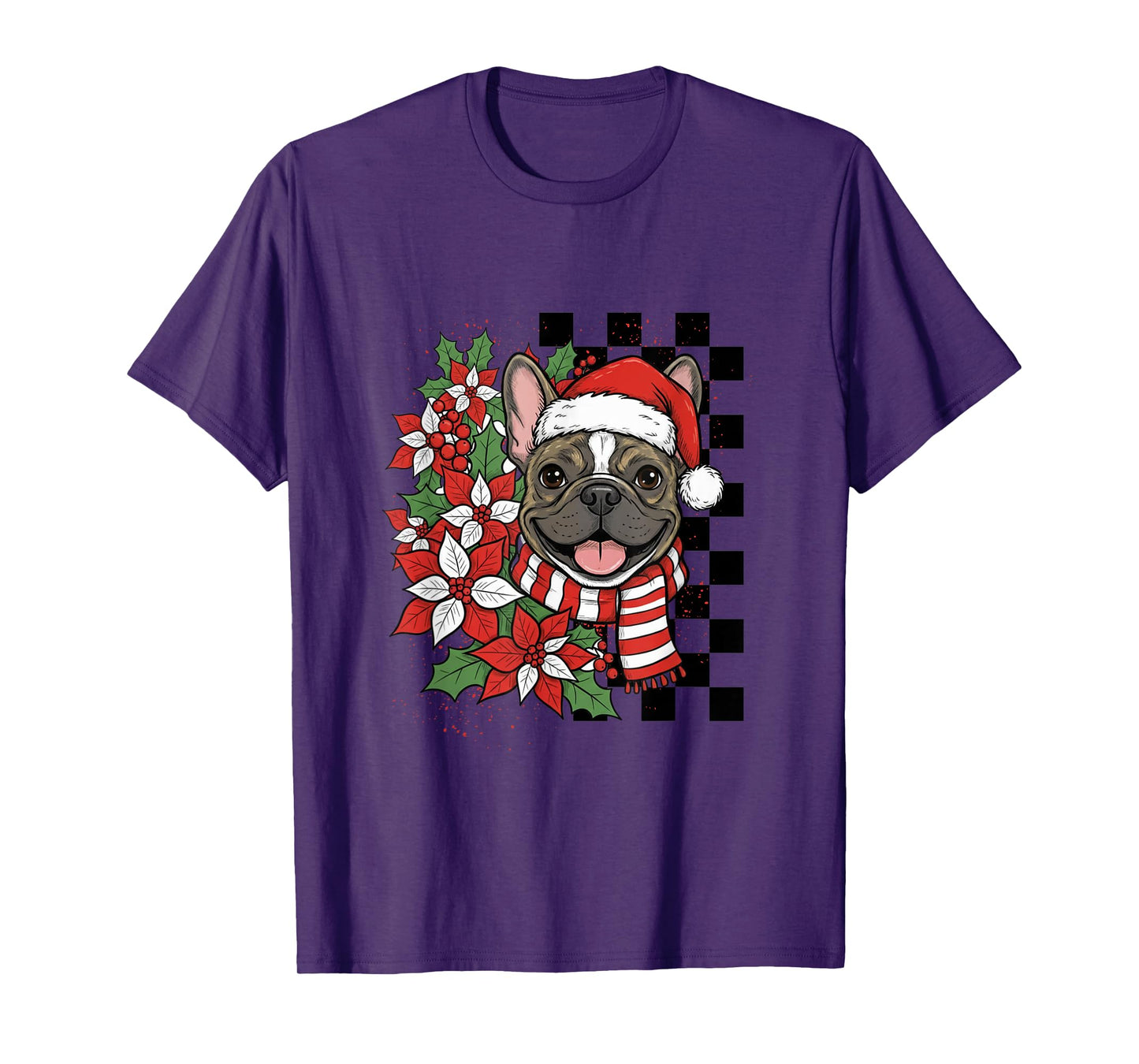 French Bulldog Christmas Frenchie Santa Checkerboard T-Shirt