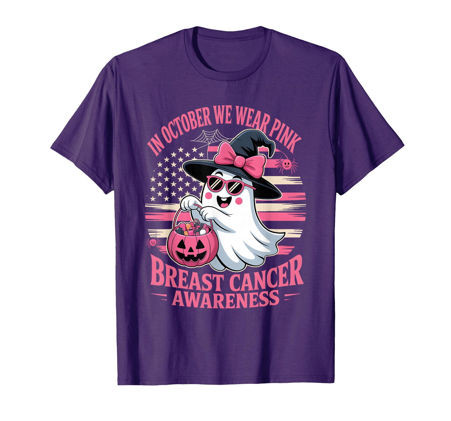 in October We Wear Pink Ghost Witch Breast Cancer Awareness T-Shirt