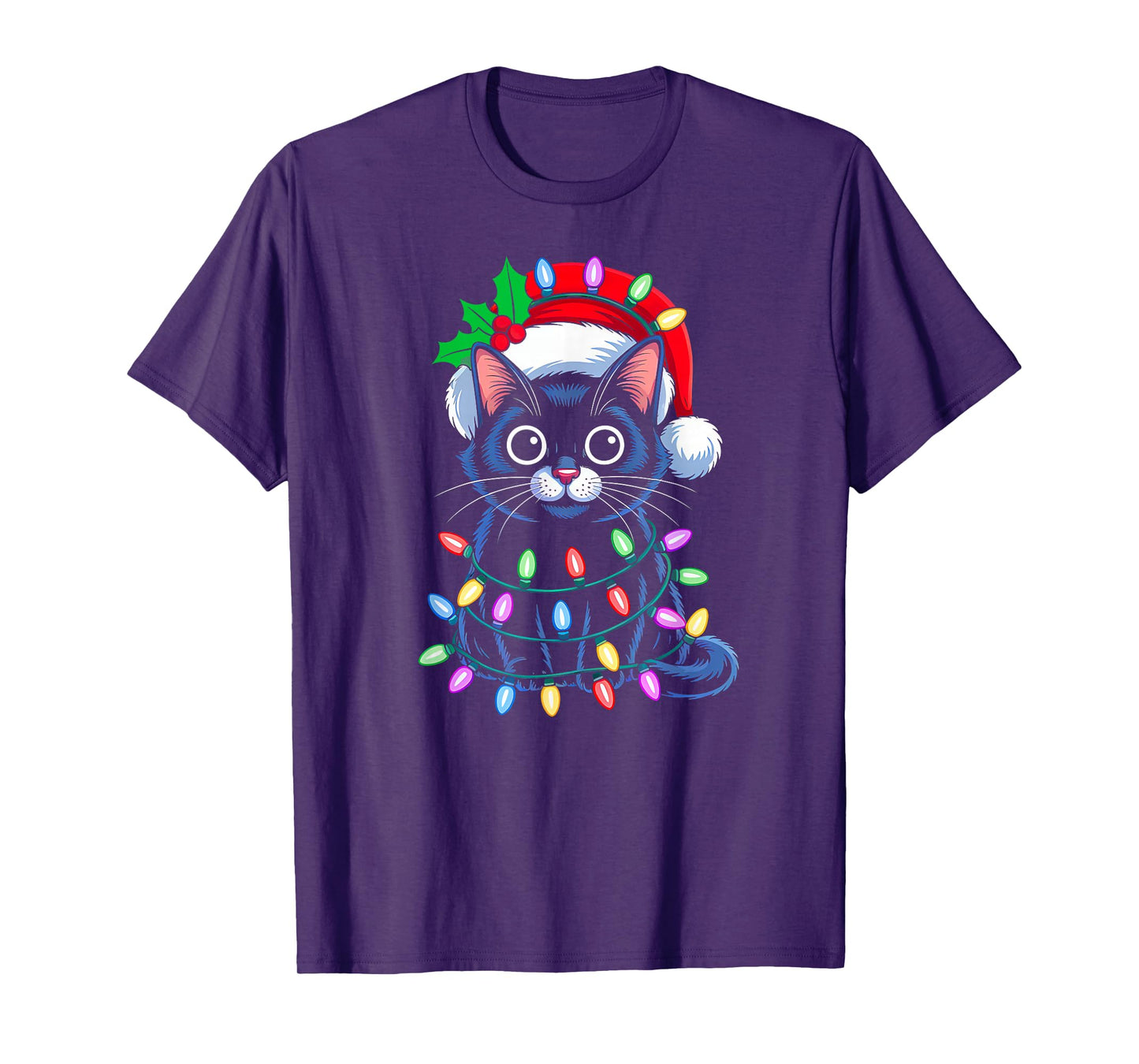 Black Cat Christmas Lights Red Santa Hat Christmas Cat Lover T-Shirt