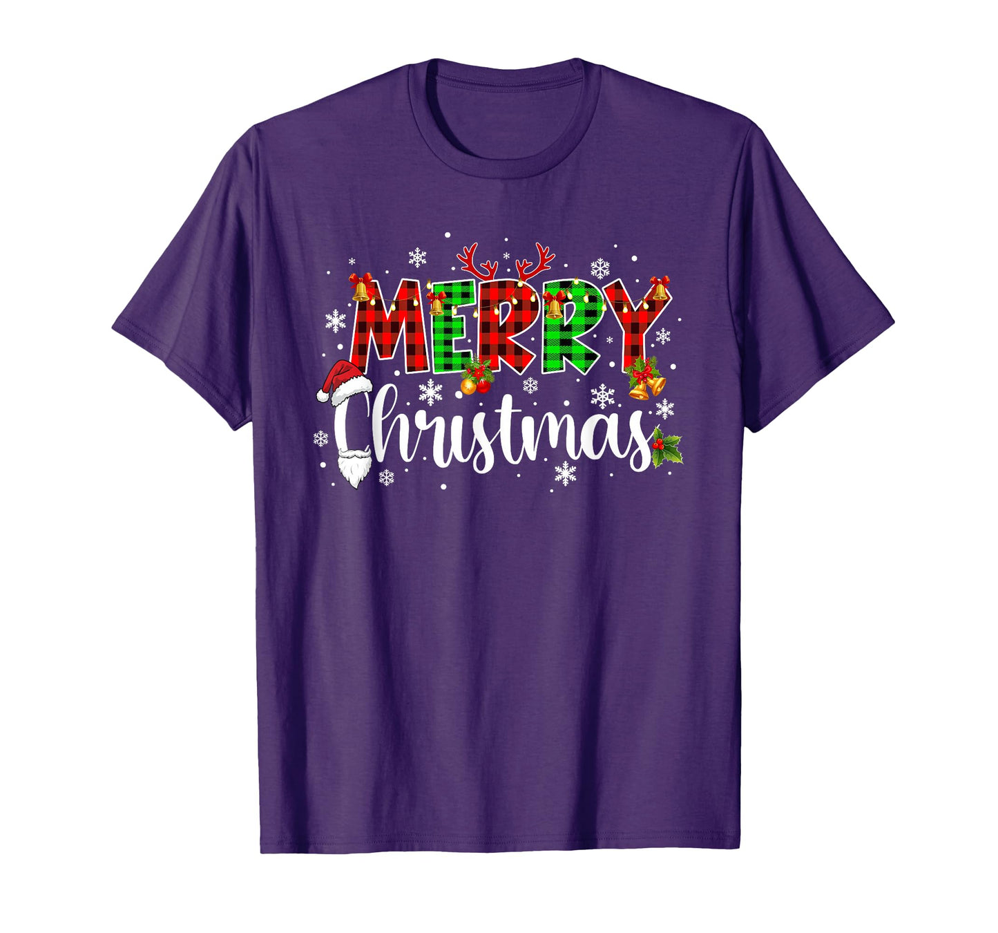 Merry Christmas Lights Santa Hat Plaid Red White Green Xmas T-Shirt