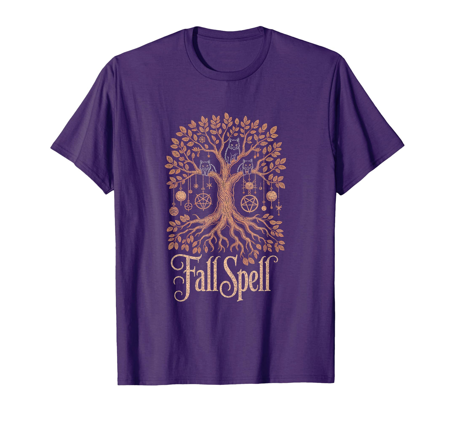 Fall Spell Tree Cats Pentagram Witchy Autumn Fall Halloween T-Shirt