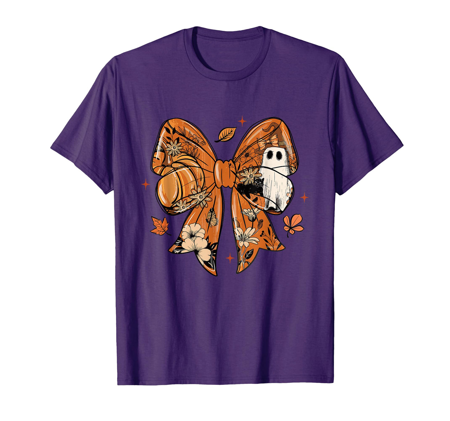 Coquette Floral Ghost Halloween Black Cat Ghost Autum Fall T-Shirt
