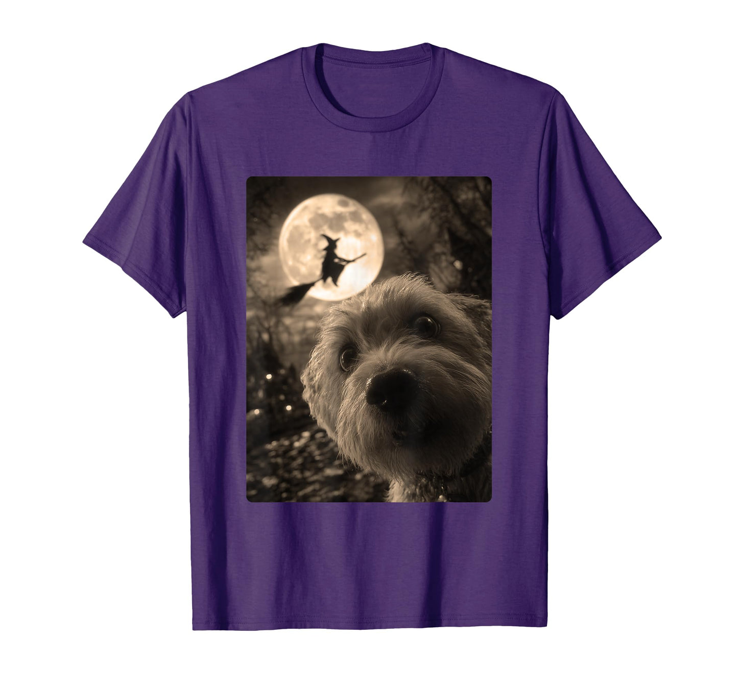 Funny Maltese Selfie Full Moon Flying Witch Halloween Dog T-Shirt