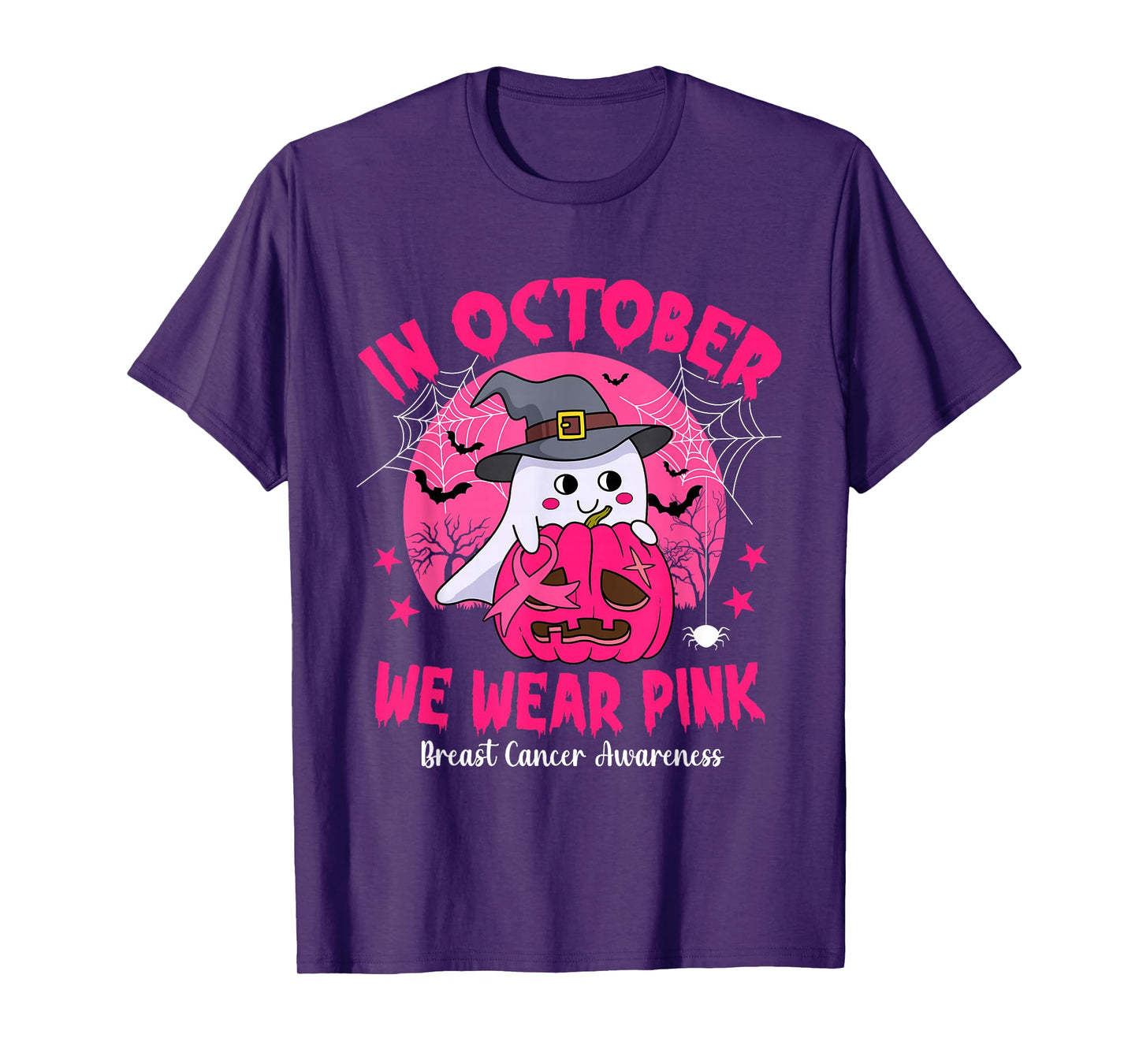 in October We Wear Pink Ghost Witch Breast Cancer Awareness T-Shirt