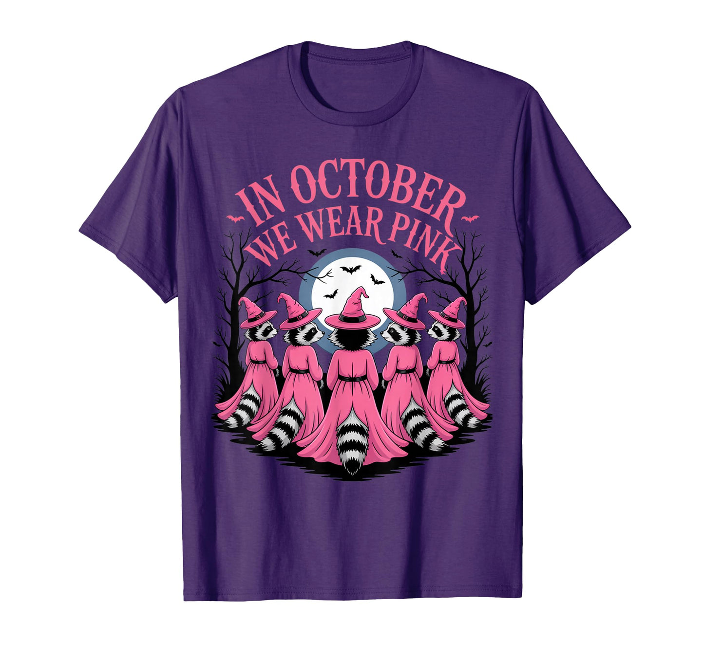 in October We Wear Pink Witch Raccoon Halloween Squad T-Shirt