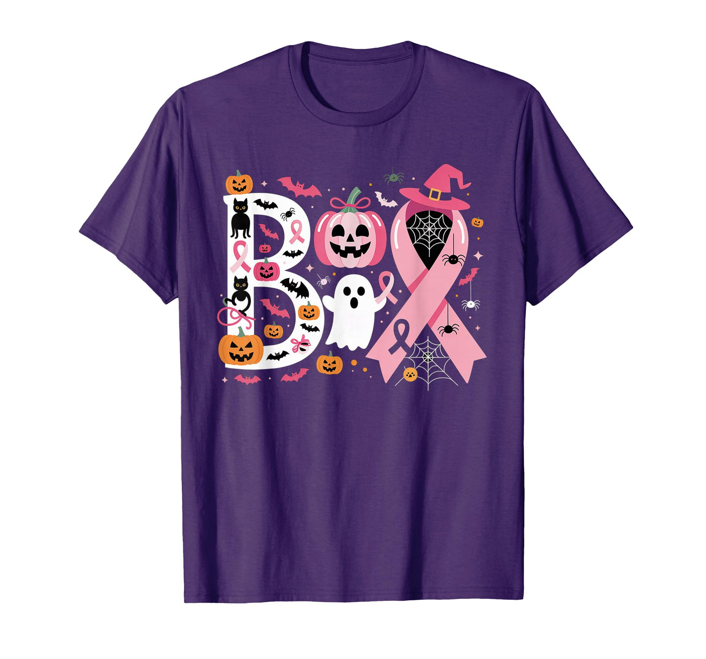 Boo Halloween Pumpkin Pink Ribbon Witch Cancer Awareness T-Shirt