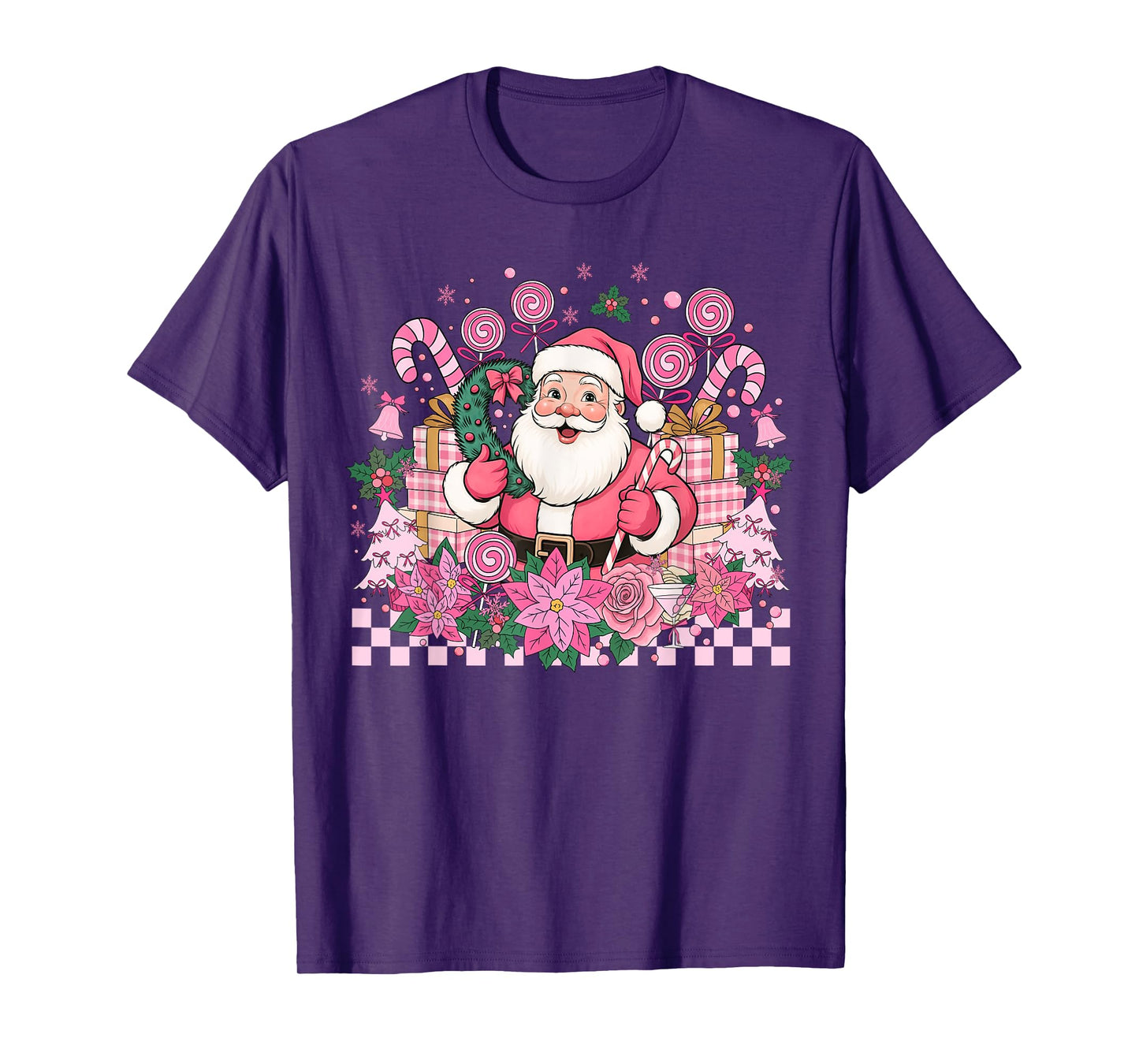 Vintage Pink Santa Claus Merry Christmas Pajamas Xmas Women T-Shirt