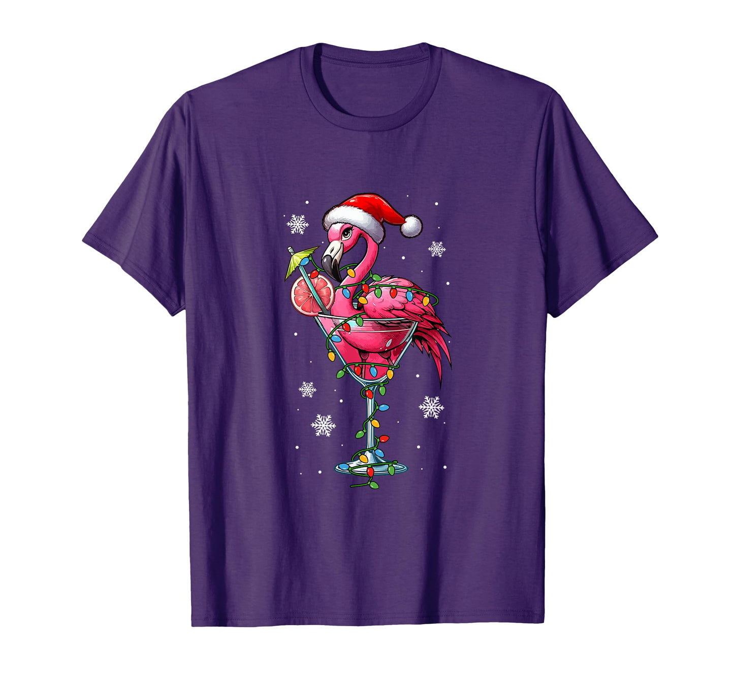 Santa Flamingo On Cocktail Glasses Christmas Colorful Lights T-Shirt