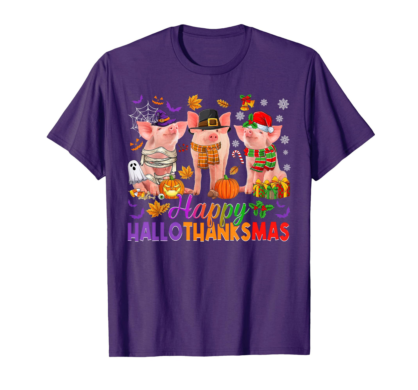 Happy Hallothanksmas Halloween Thanksgiving Christmas Pigs T-Shirt