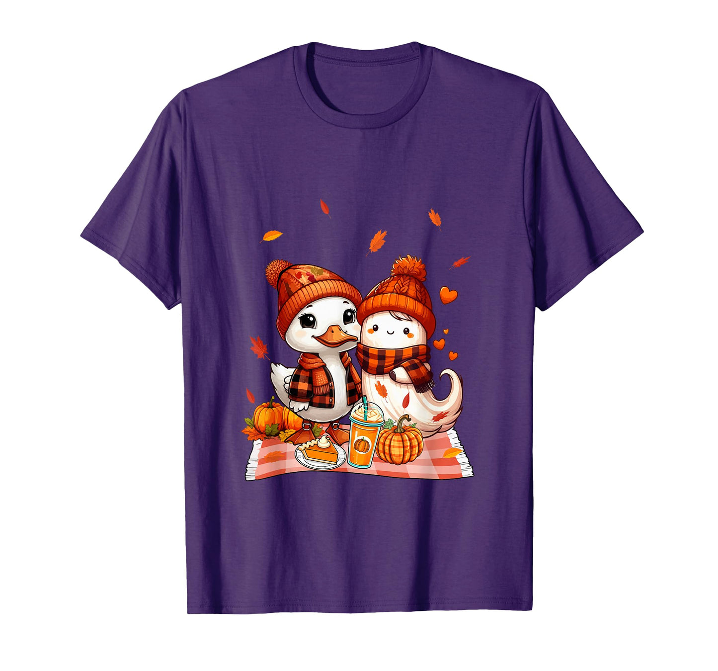 Duck with Boo Halloween Thanksgiving Fall Leaves Pumpkins T-Shirt