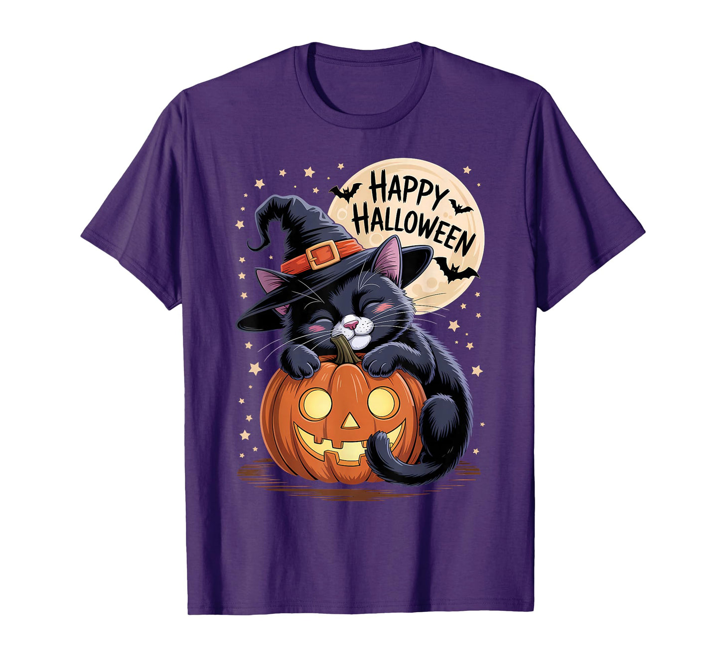 Happy Halloween Black Cat Witch Hat Pumpkin Spooky T-Shirt