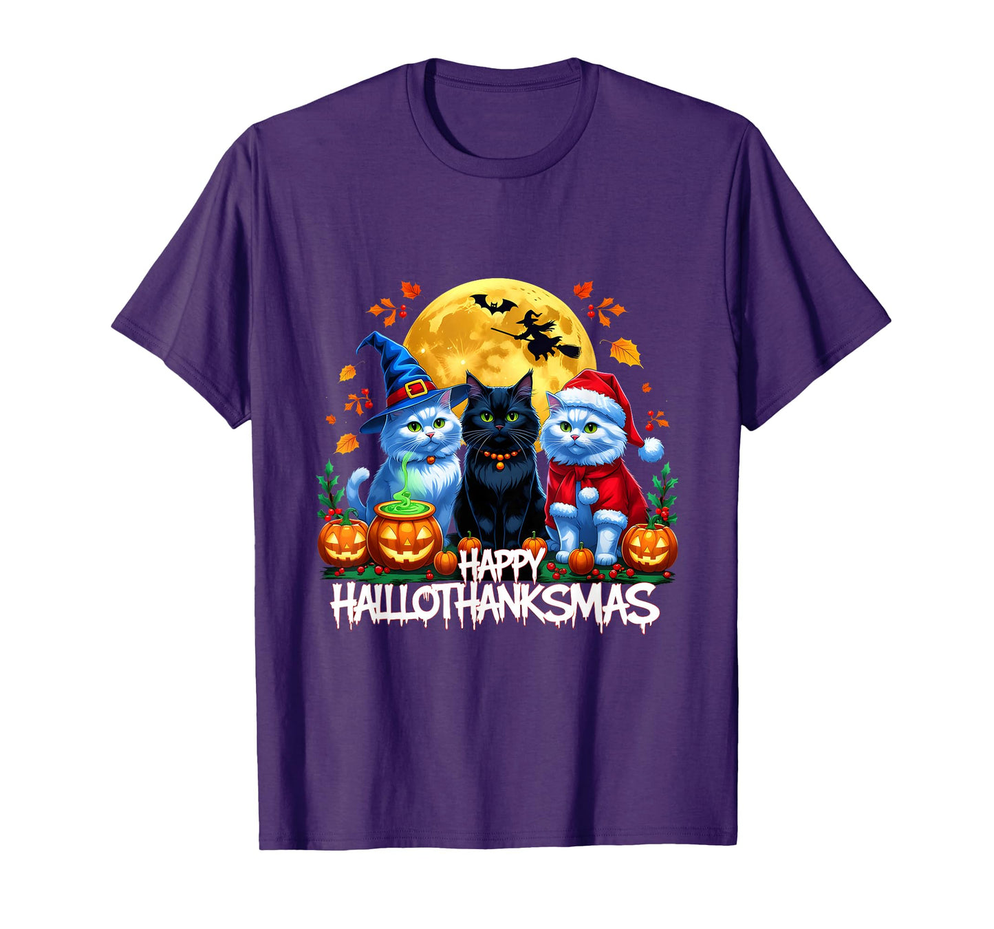 Happy Hallothanksmas Cats Halloween Thanksgiving Christmas T-Shirt