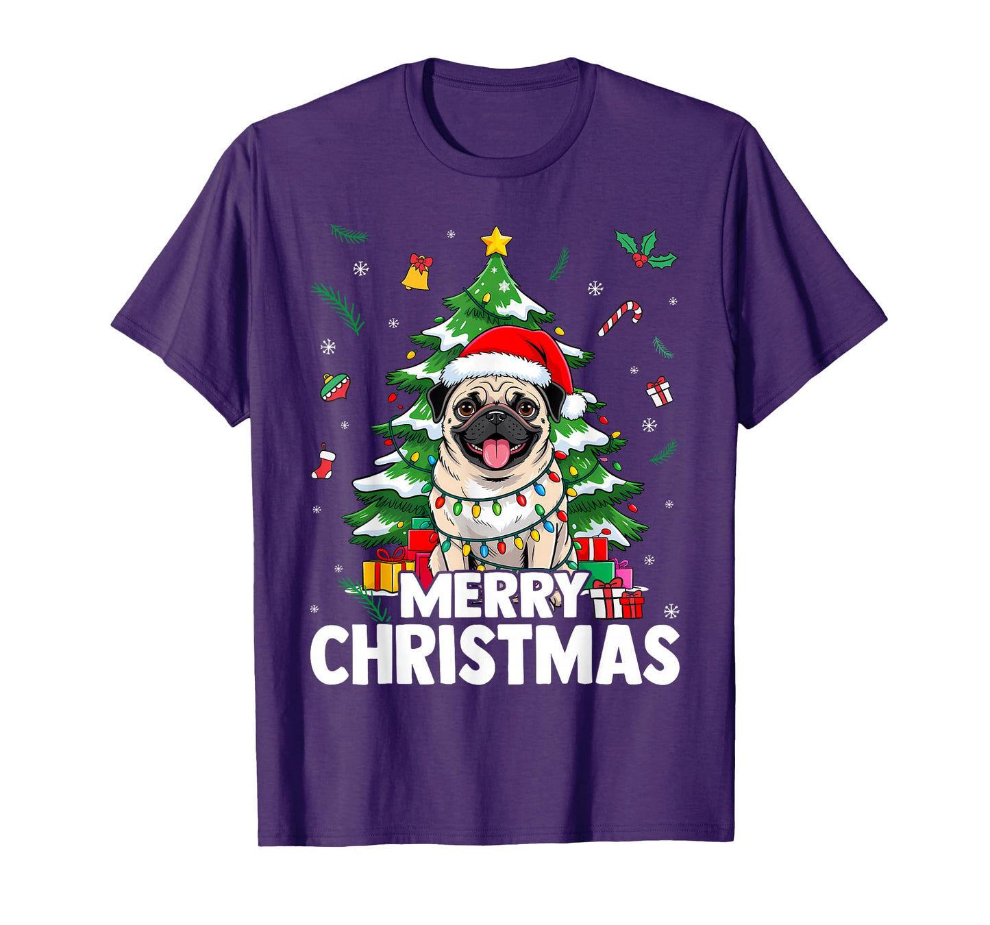 Merry Christmas Pug Cute Dog Holiday Lights and Santa Hat T-Shirt