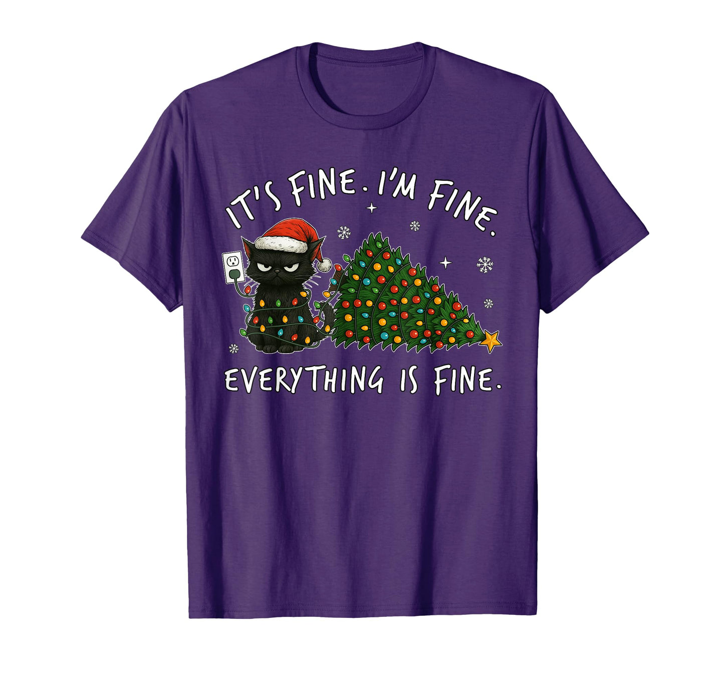 Black Cat Christmas It's Fine I'm Fine Everything is Fine T-Shirt