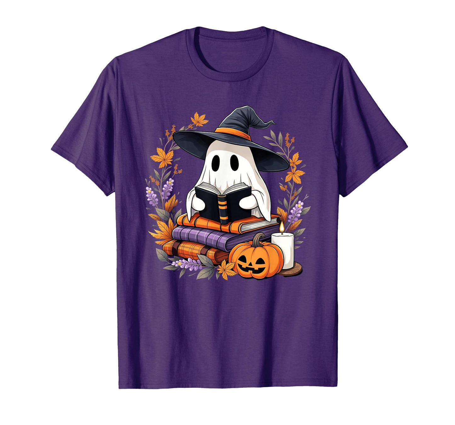 Halloween Ghost Reading Witch Hat Pumpkin Autumn Books T-Shirt