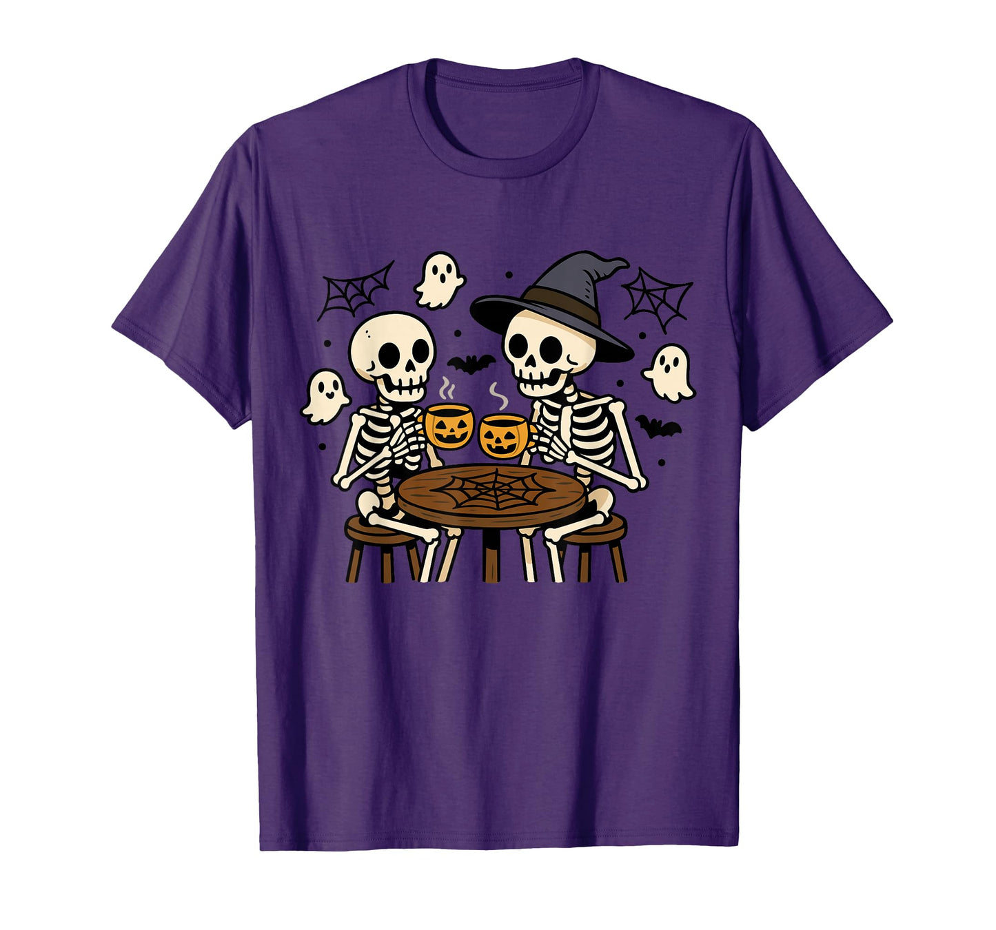 Halloween Skeleton and Coffee Funny Design with Witch Hat T-Shirt