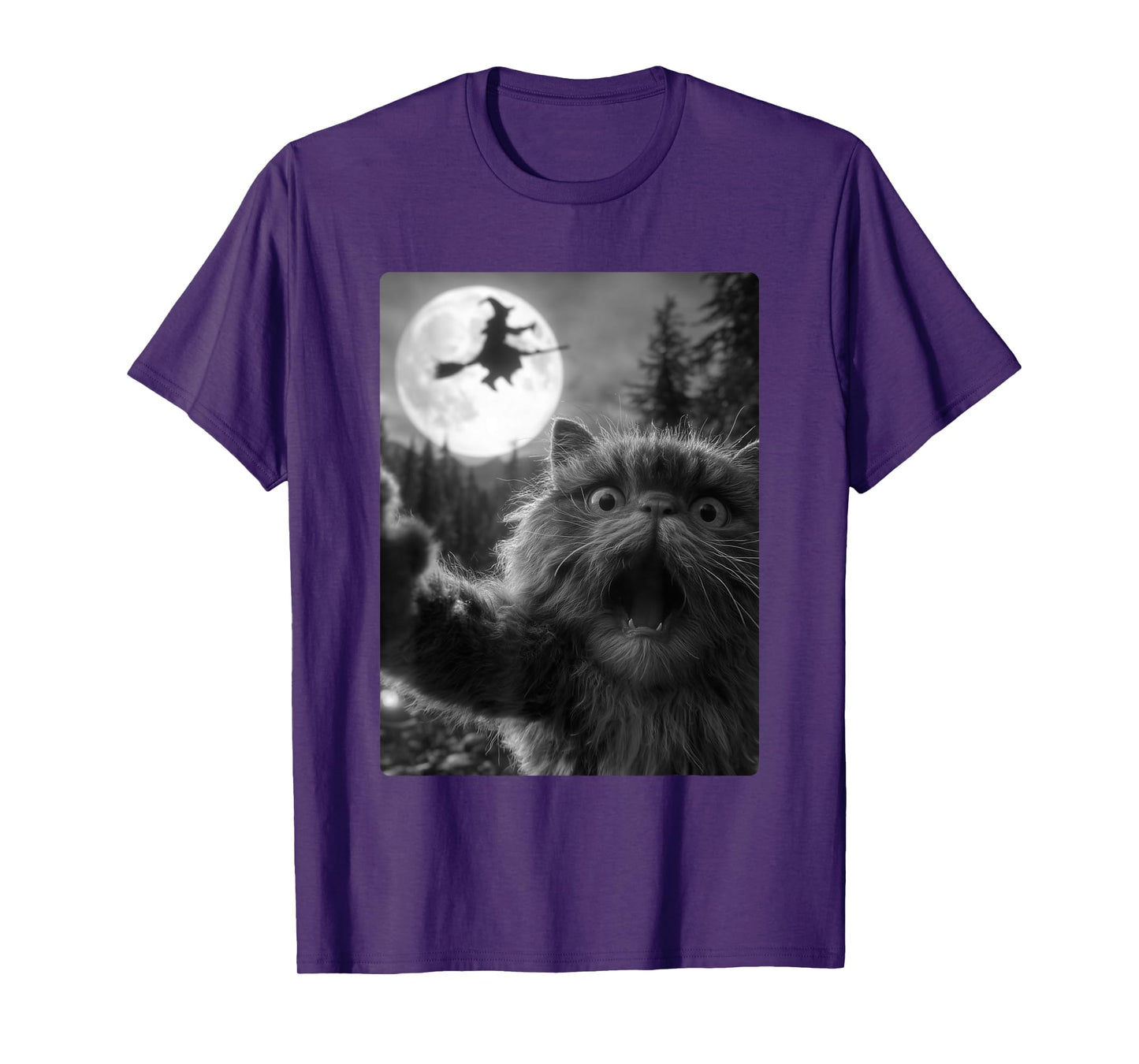 Funny Persian Cat Selfie Full Moon Flying Witch Halloween T-Shirt