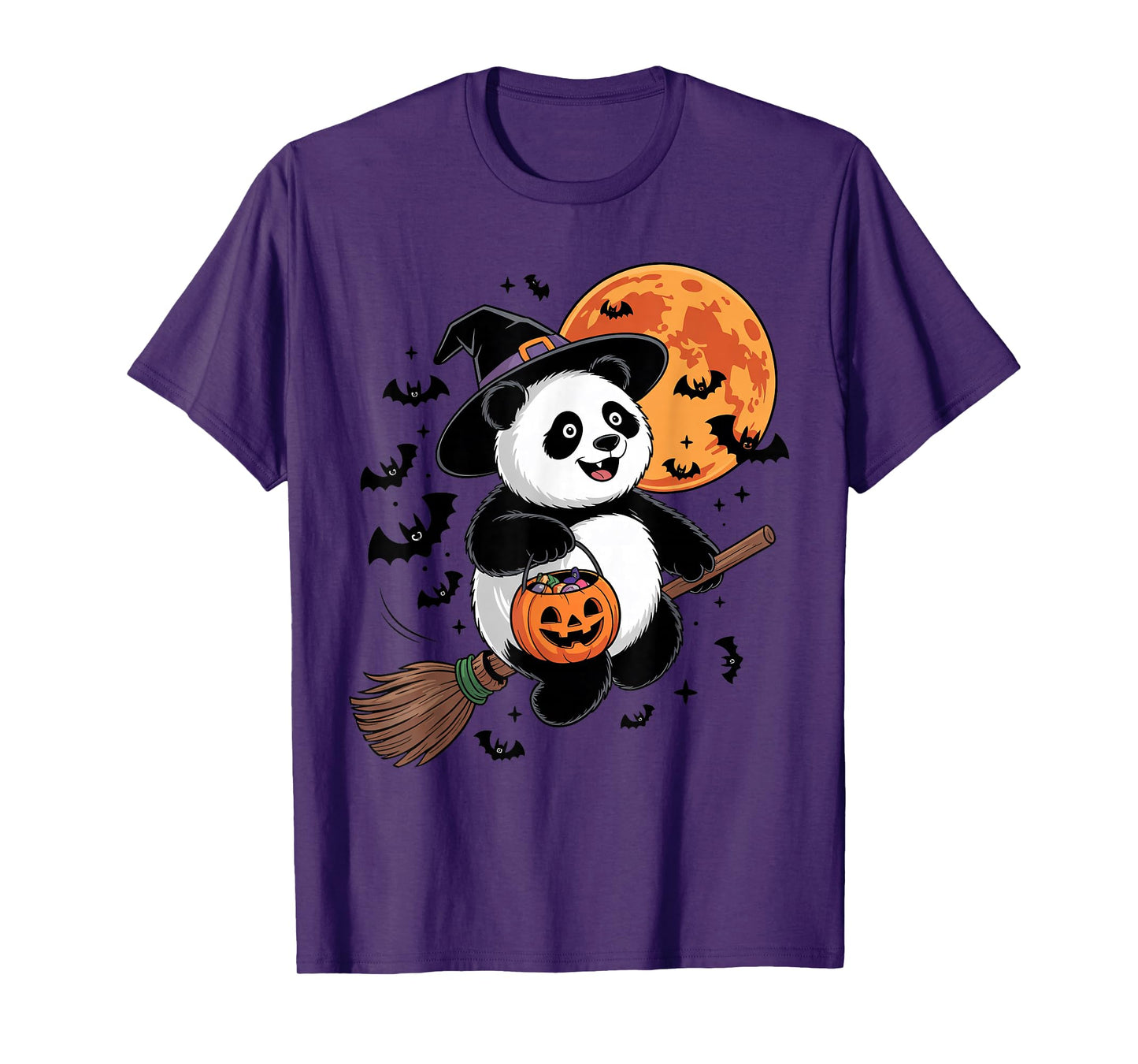 Cute Panda Witch Riding Broom Halloween Pumpkin Kids Boys T-Shirt