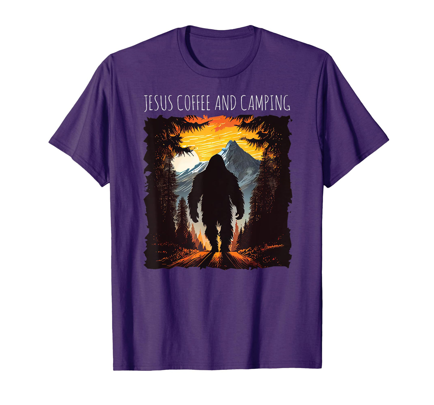 Jesus Coffee And Camping Bigfoot hiking mountains sunset T-Shirt