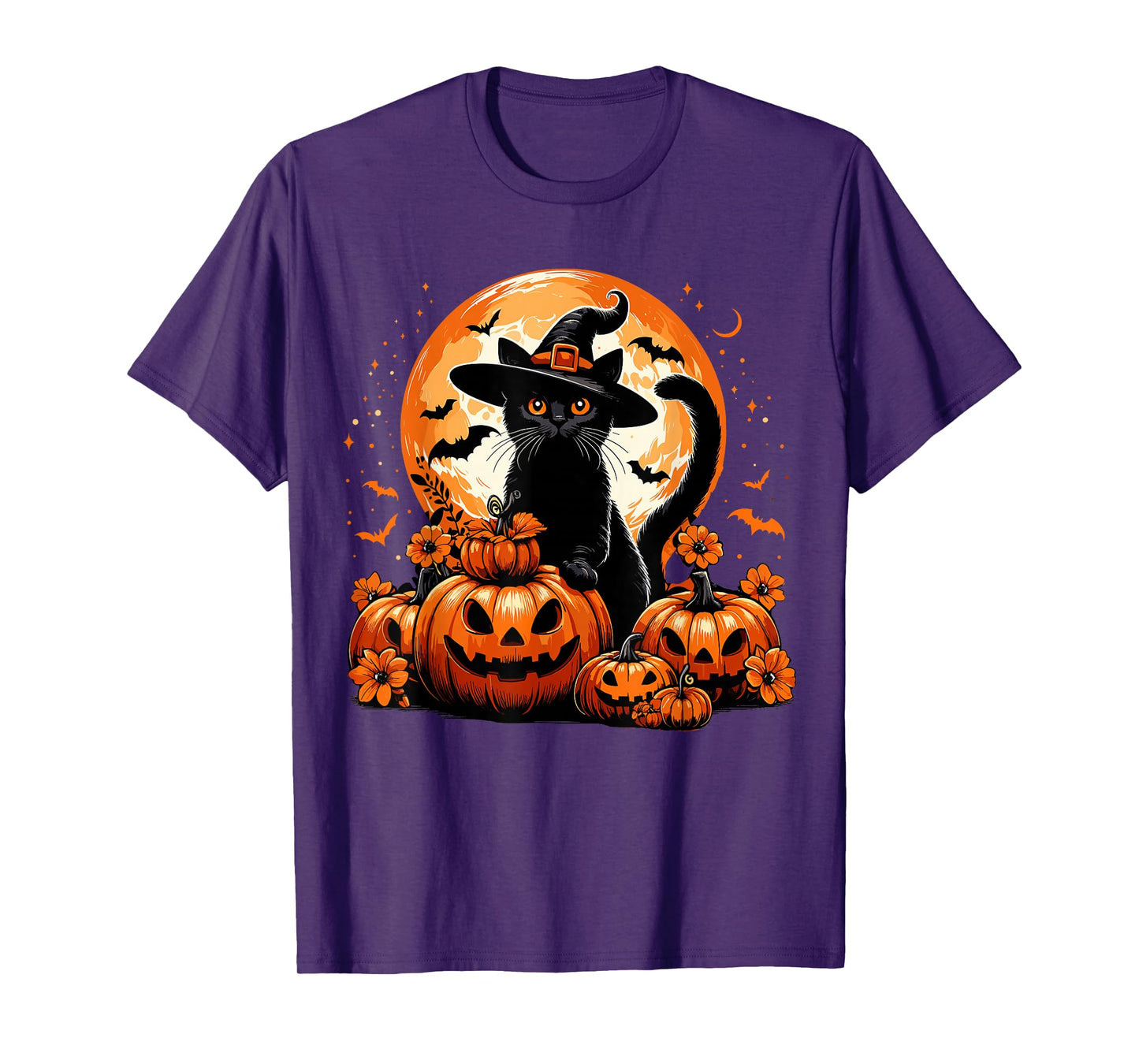 Black Cat Pumpkin with Witch Kitten Full Moon Halloween Cat T-Shirt