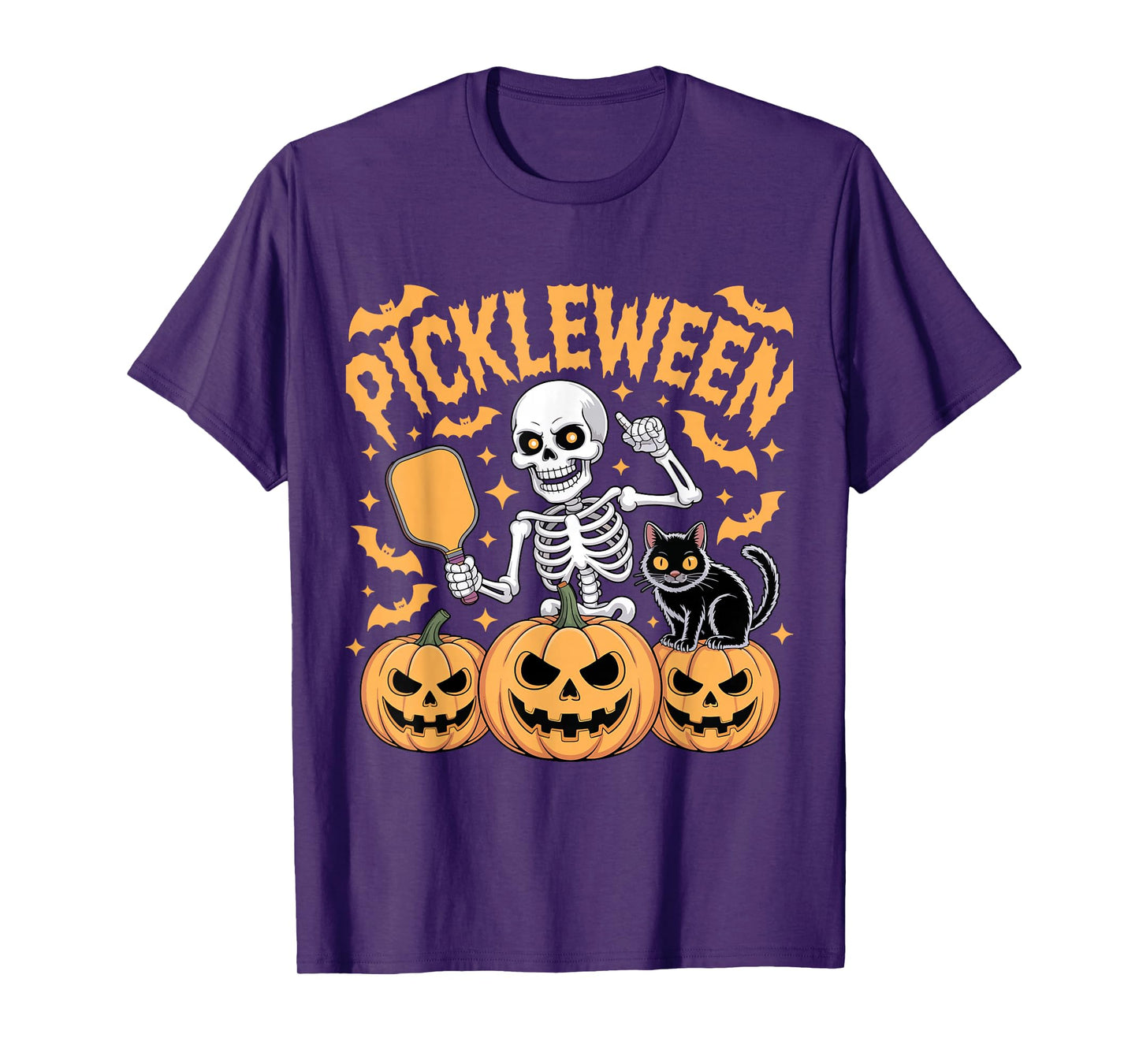 Pickleween Skeleton Cat Pumpkin Funny Halloween Pickleball T-Shirt