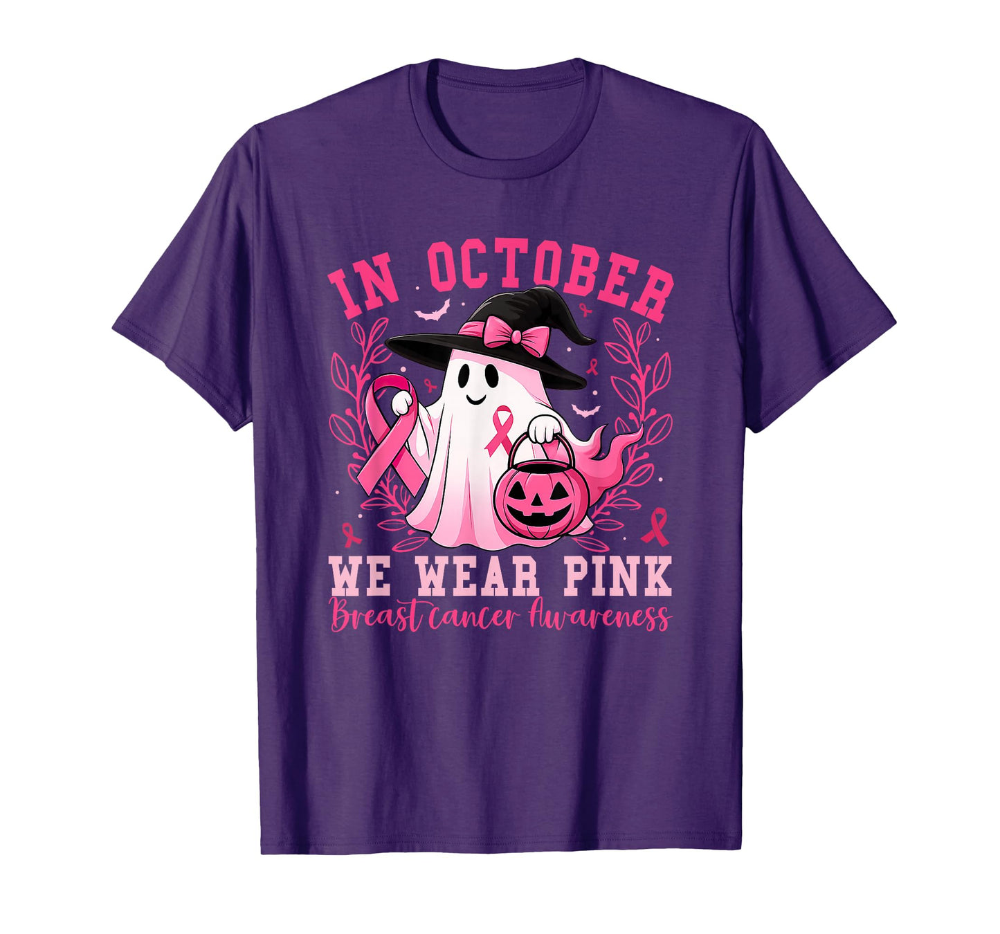 in October We Wear Pink Ghost Witch Breast Cancer Awareness T-Shirt