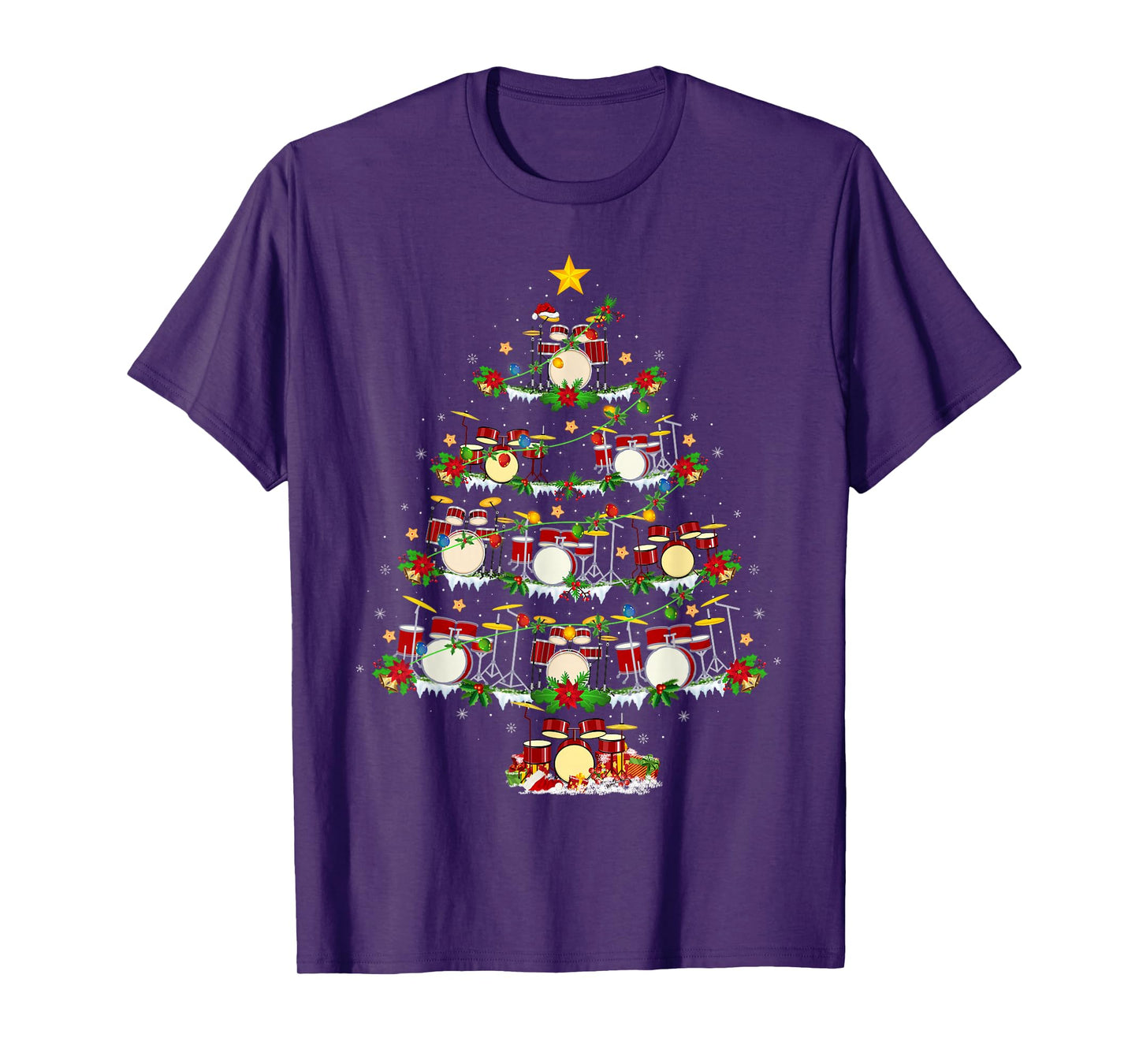Drum Christmas Tree Lights Drum Music Lover Drummer Xmas T-Shirt