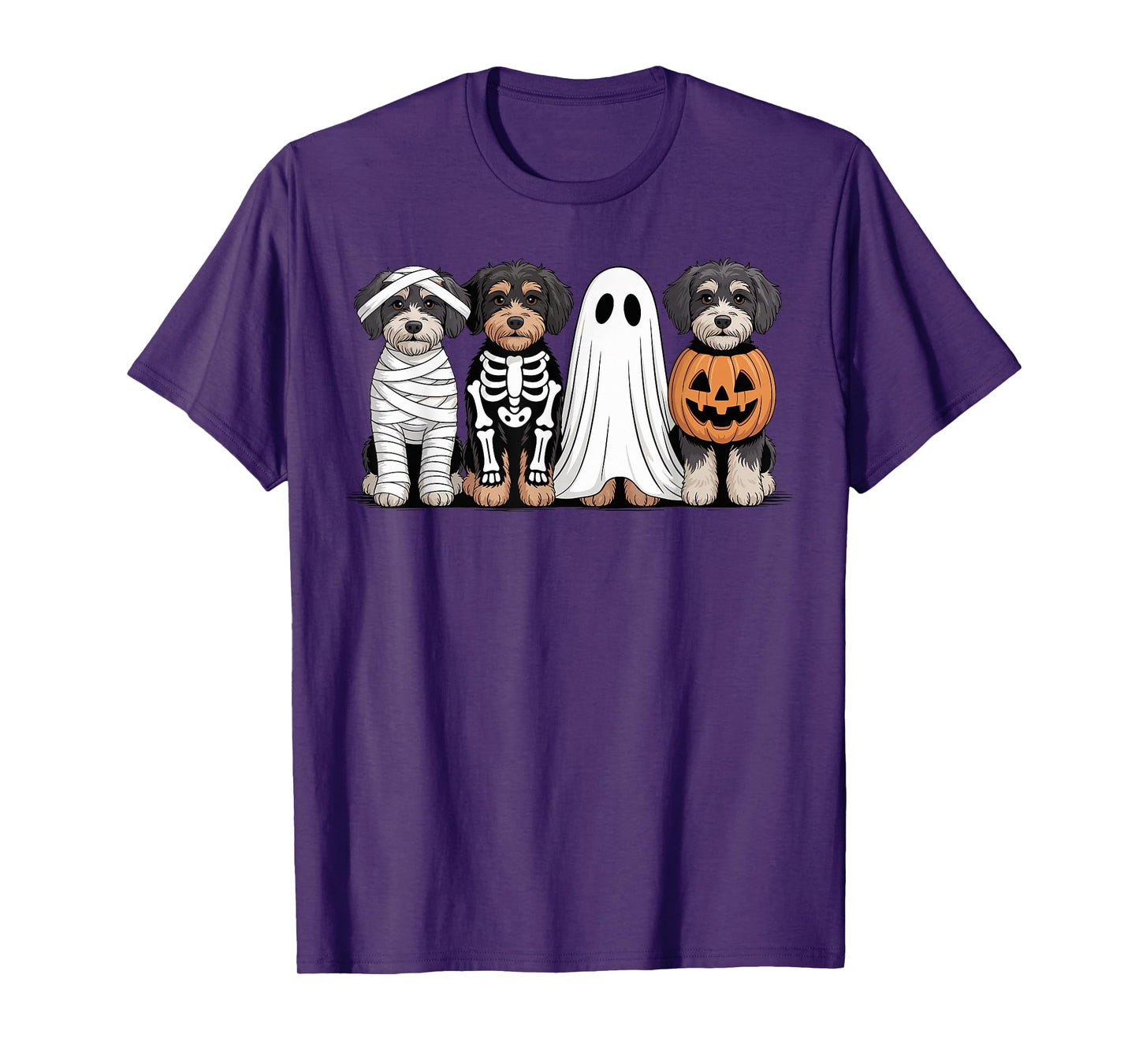 Spooky Ghost Aussiedoodle Pumpkin Halloween Dog Skeleton T-Shirt