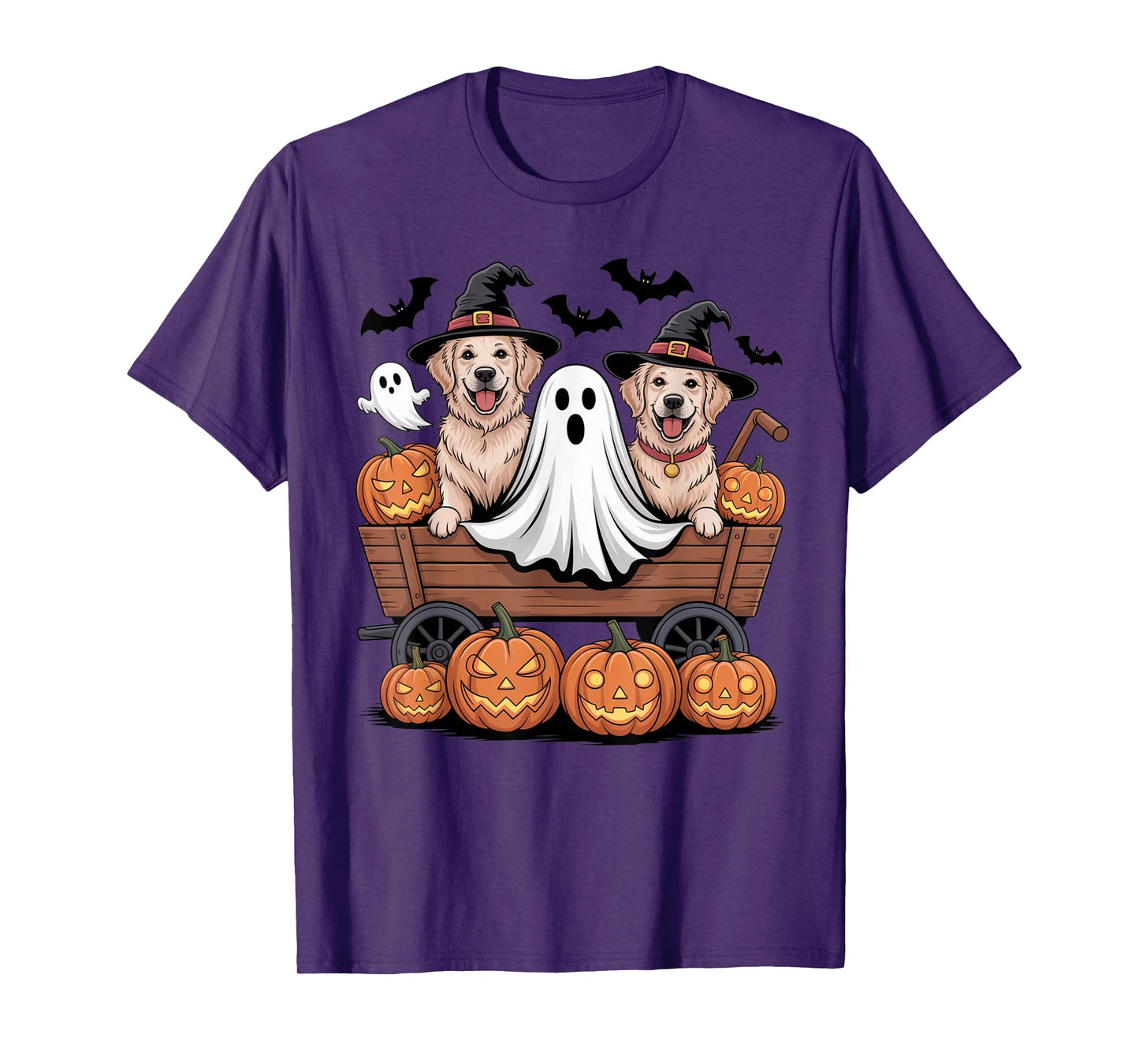 Golden Retriever Halloween Wagon Witch Hats Bats Pumpkins T-Shirt