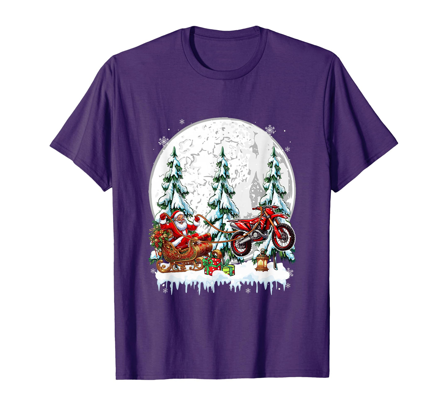 Santa Sleigh Reindeer Dirt Bike Xmas Trees Matching Biker T-Shirt