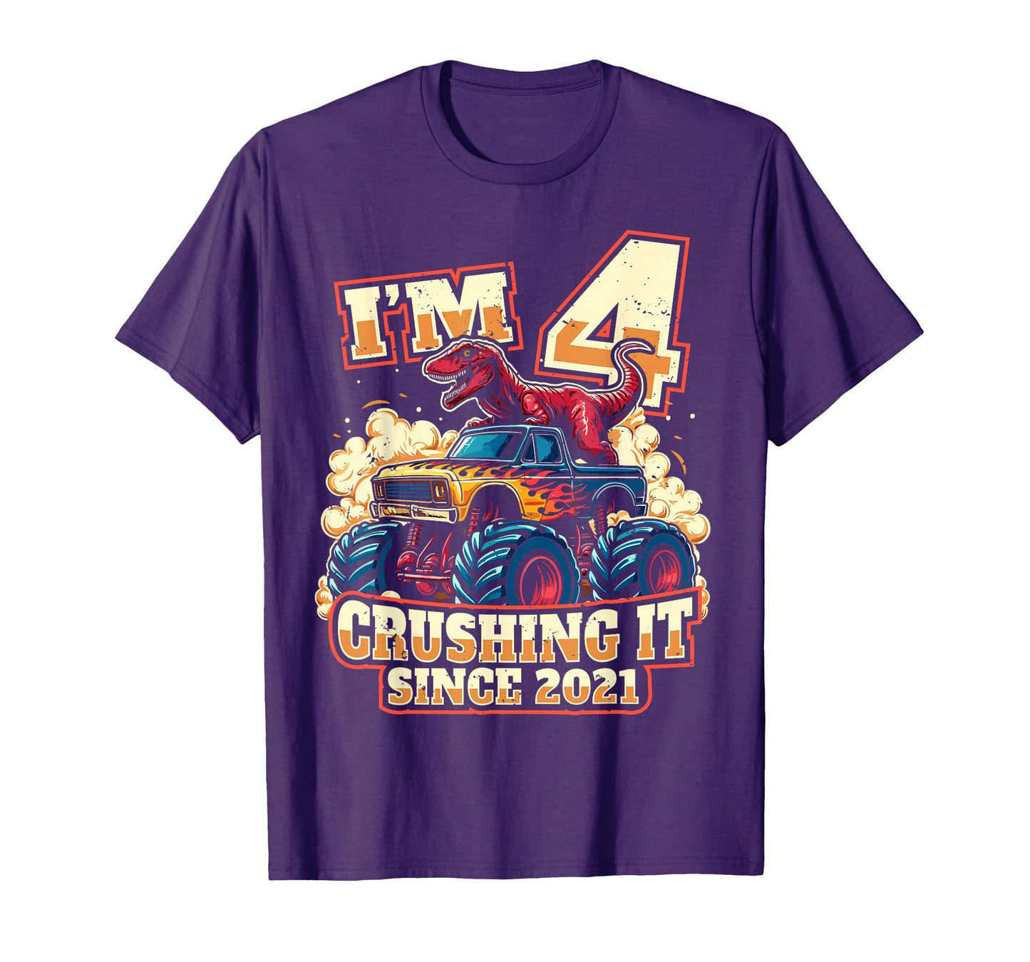 4 Year Old Boys 4th Birthday Dinosaur Monster Truck Party T-Shirt