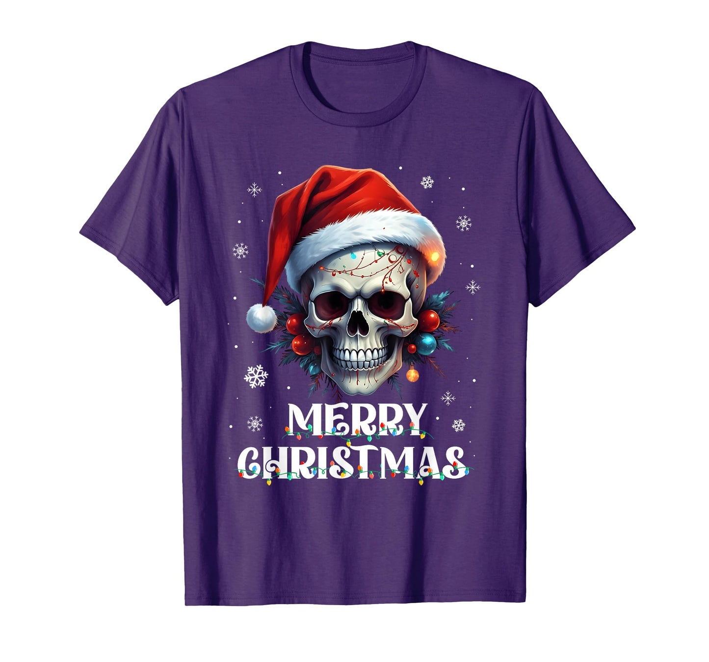 Merry Christmas Lights Red Santa Hat Skull Family Men Women T-Shirt