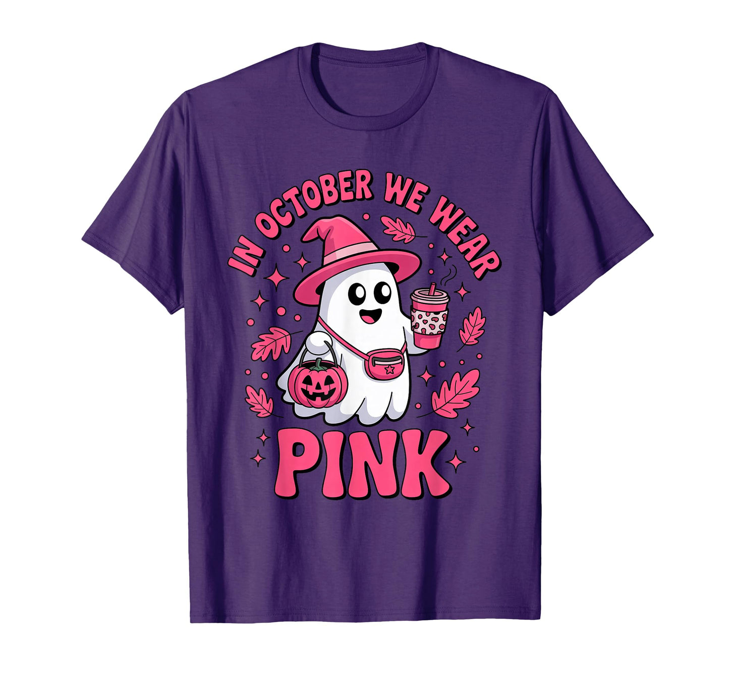 in October We Wear Pink Ghost Dinking Coffee Breast Cancer T-Shirt