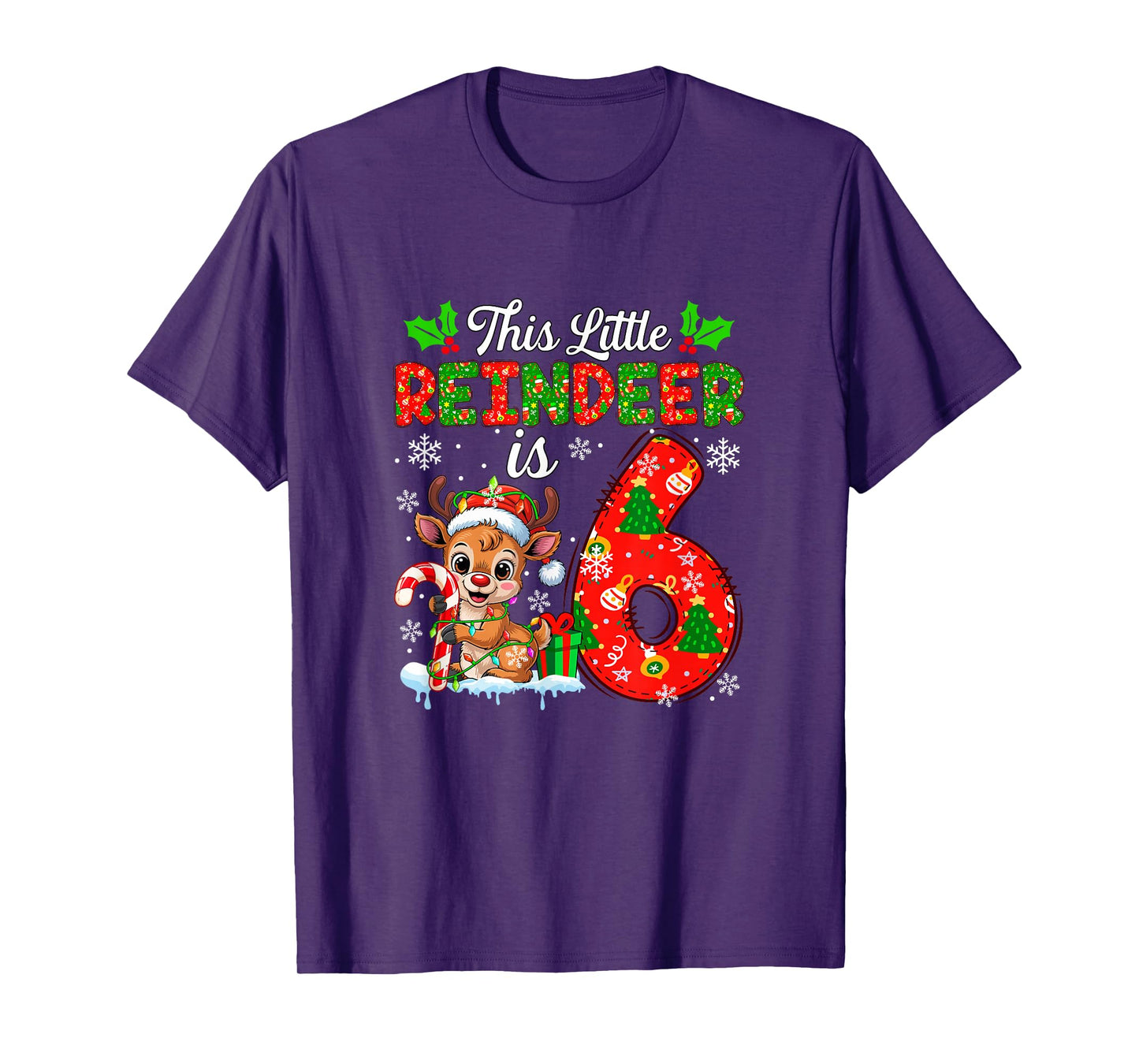 Little Christmas Reindeer is 6 Years 6th Birthday Family T-Shirt