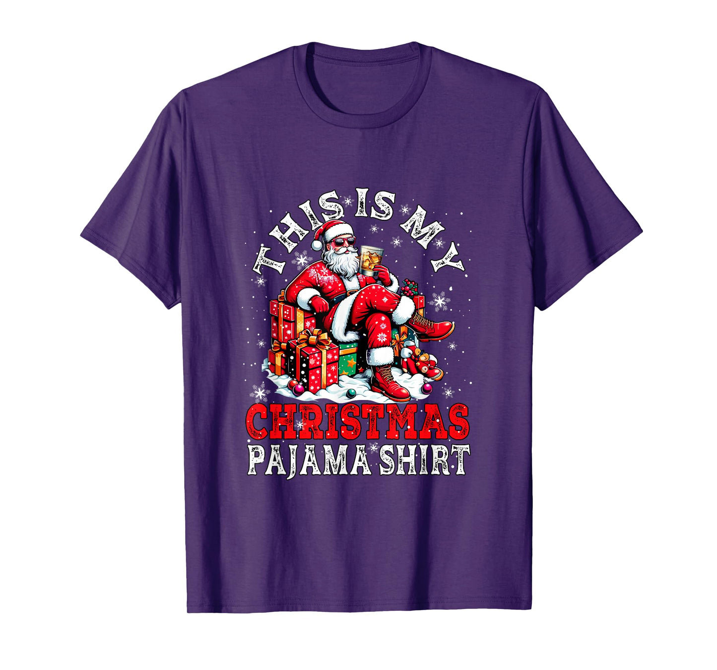 My Christmas Pajama Shirt Santa Sunglasses Drinking Whiskey T-Shirt