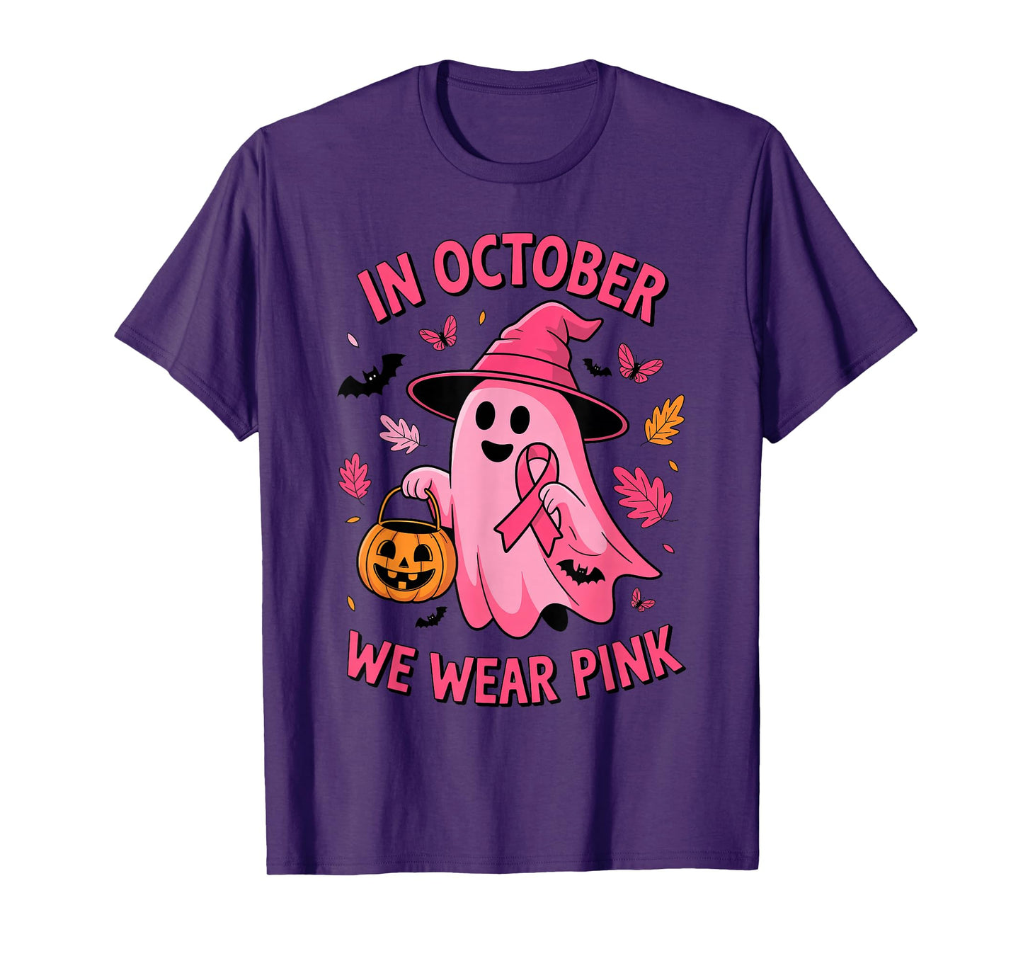 in October We Wear Pink Ribbon Ghost Halloween Breast Cancer T-Shirt