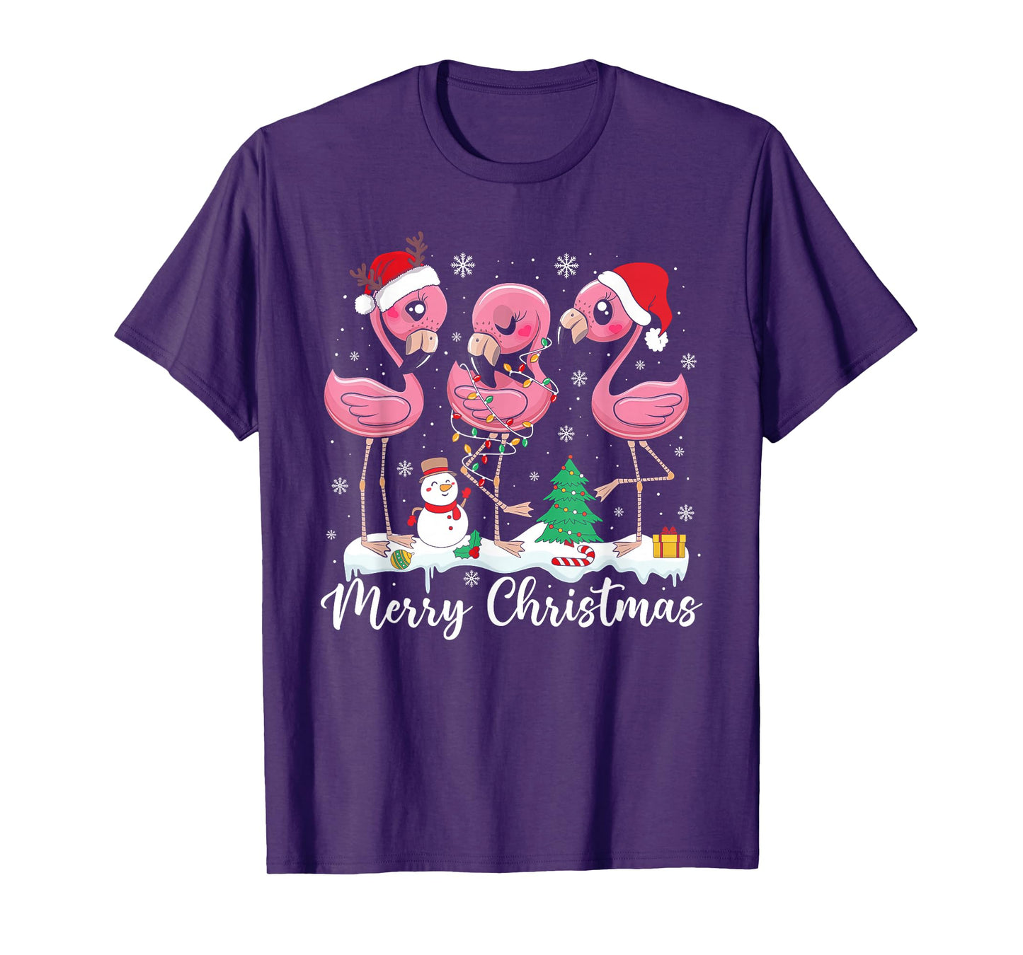 Merry Christmas Lights Red Santa Hat Family Xmas Flamingo T-Shirt
