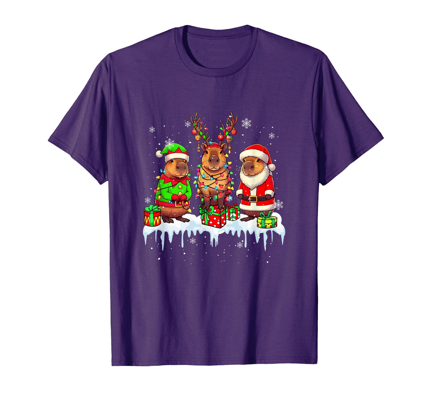 Three Santa Reindeer Elf Capybaras Christmas Colorful Lights T-Shirt