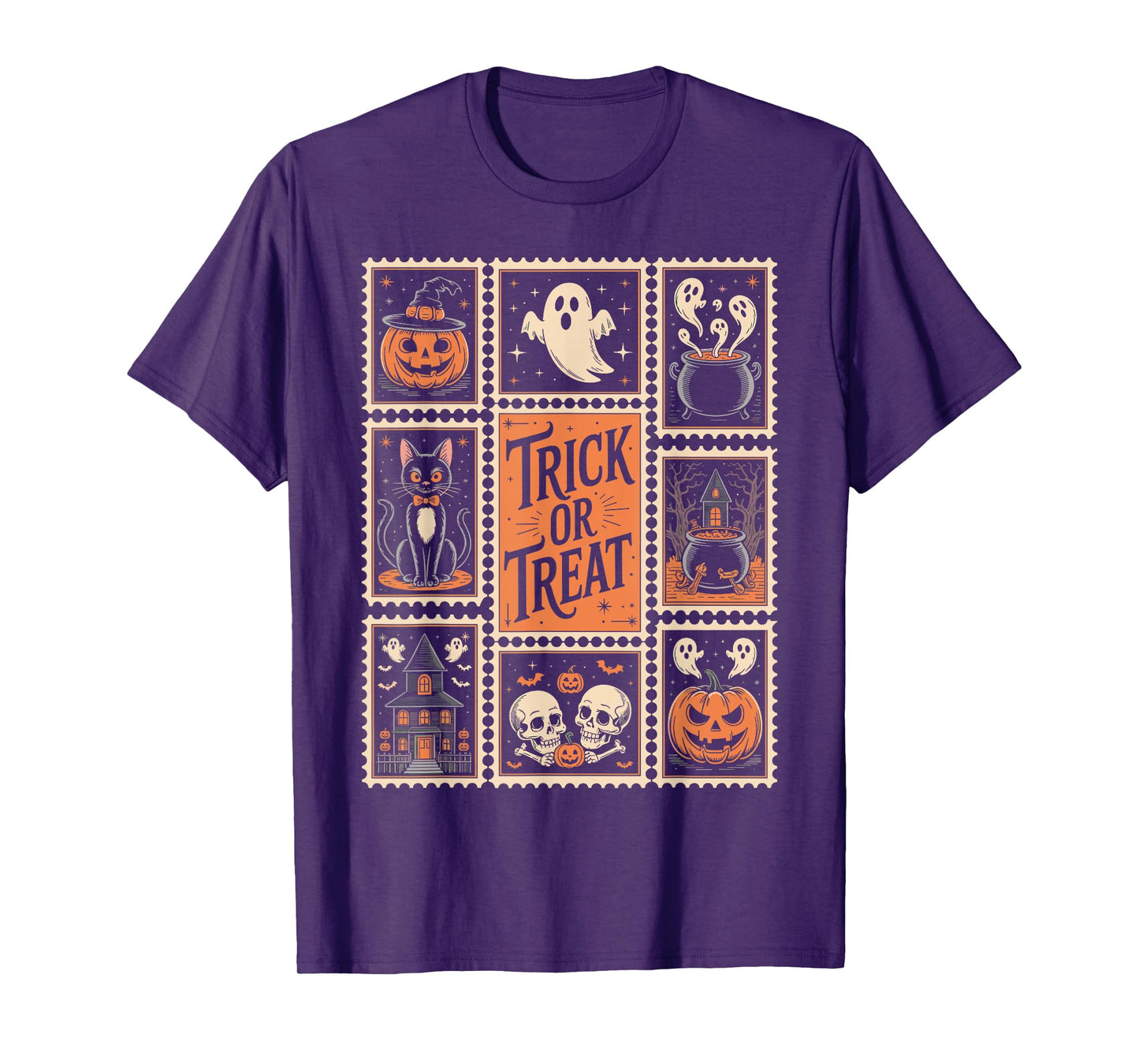 Halloween Stamps Spooky Pumpkin Ghost Cat Witch Skeleton T-Shirt
