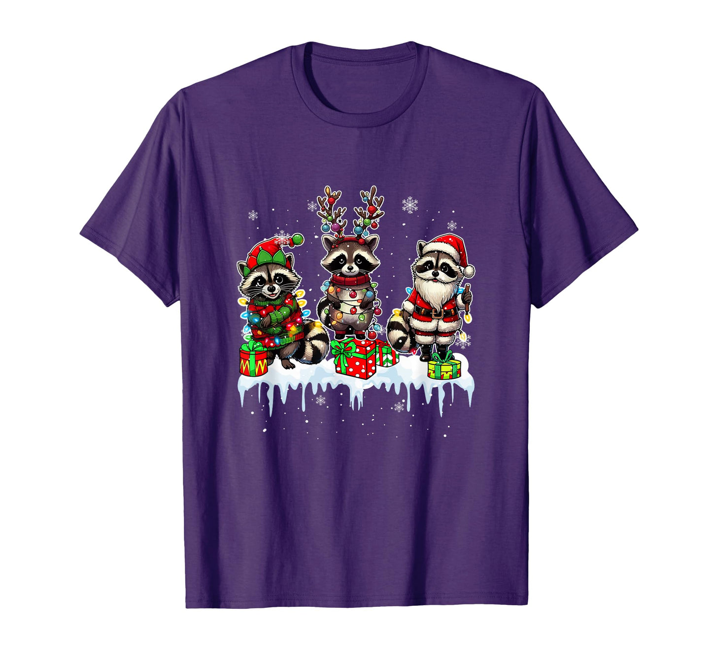 Three Santa Reindeer Elf Raccoons Christmas Colorful Lights T-Shirt
