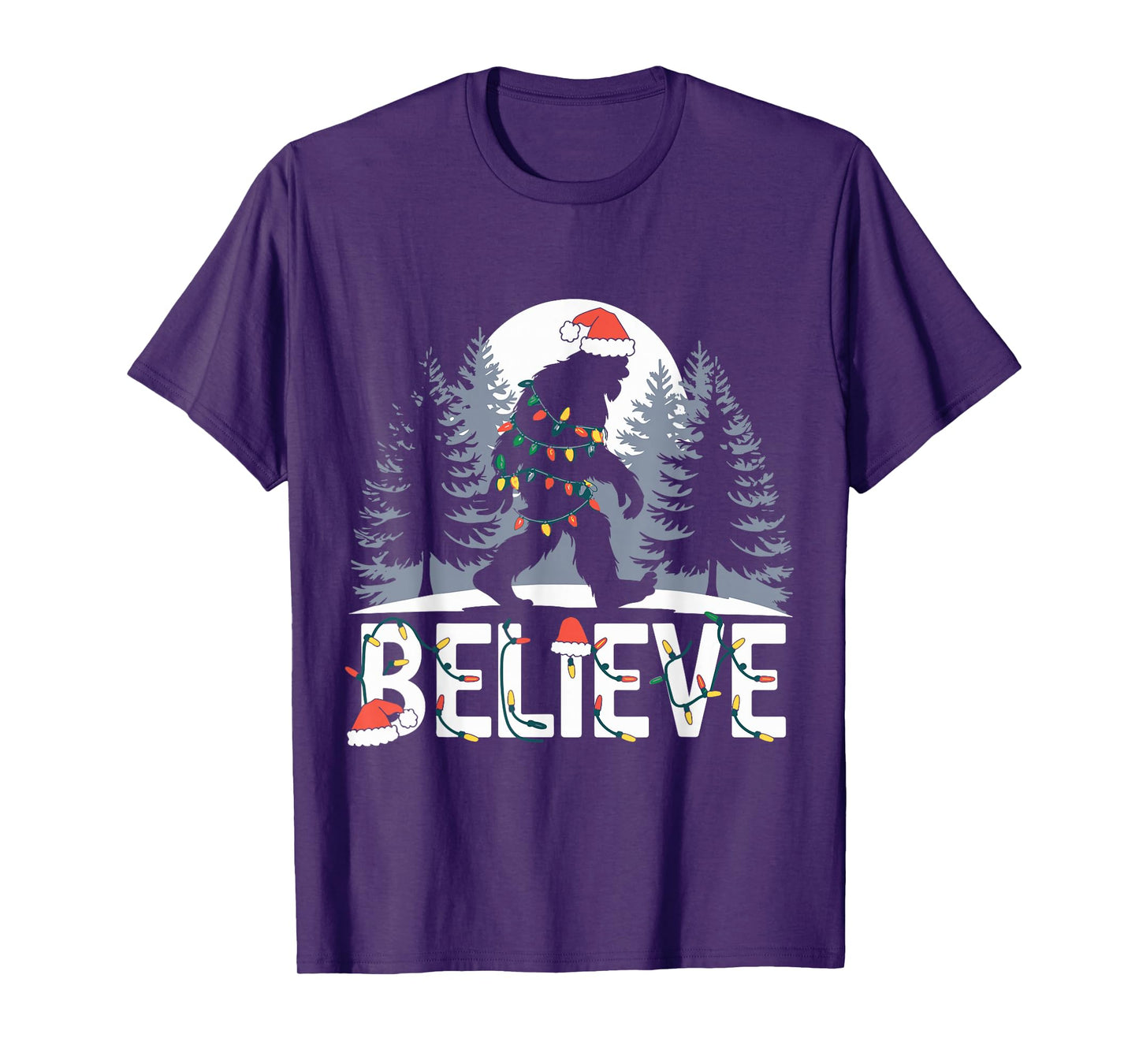 Santa Bigfoot Christmas Lights Funny Sasquatch Believe Xmas T-Shirt