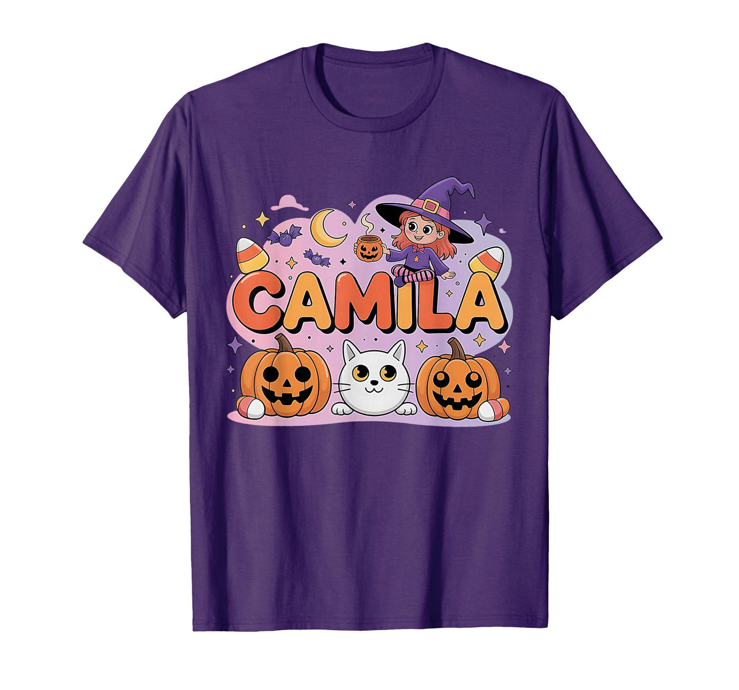 Camila Witch Candy Corn Cat Halloween Women and Girls T-Shirt